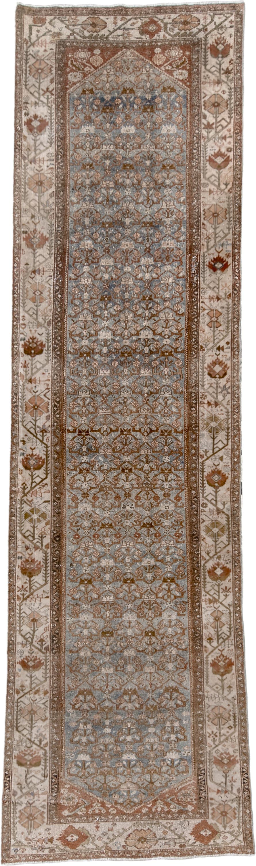 4' x 14' one-of-a-kind handmade vintage Malayer runner rug. Color palette: ivory, sky blue, taupe, rust, camel, brown