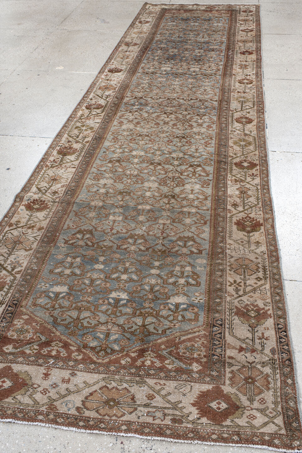 4' x 14' one-of-a-kind handmade vintage Malayer runner rug. Color palette: ivory, sky blue, taupe, rust, camel, brown