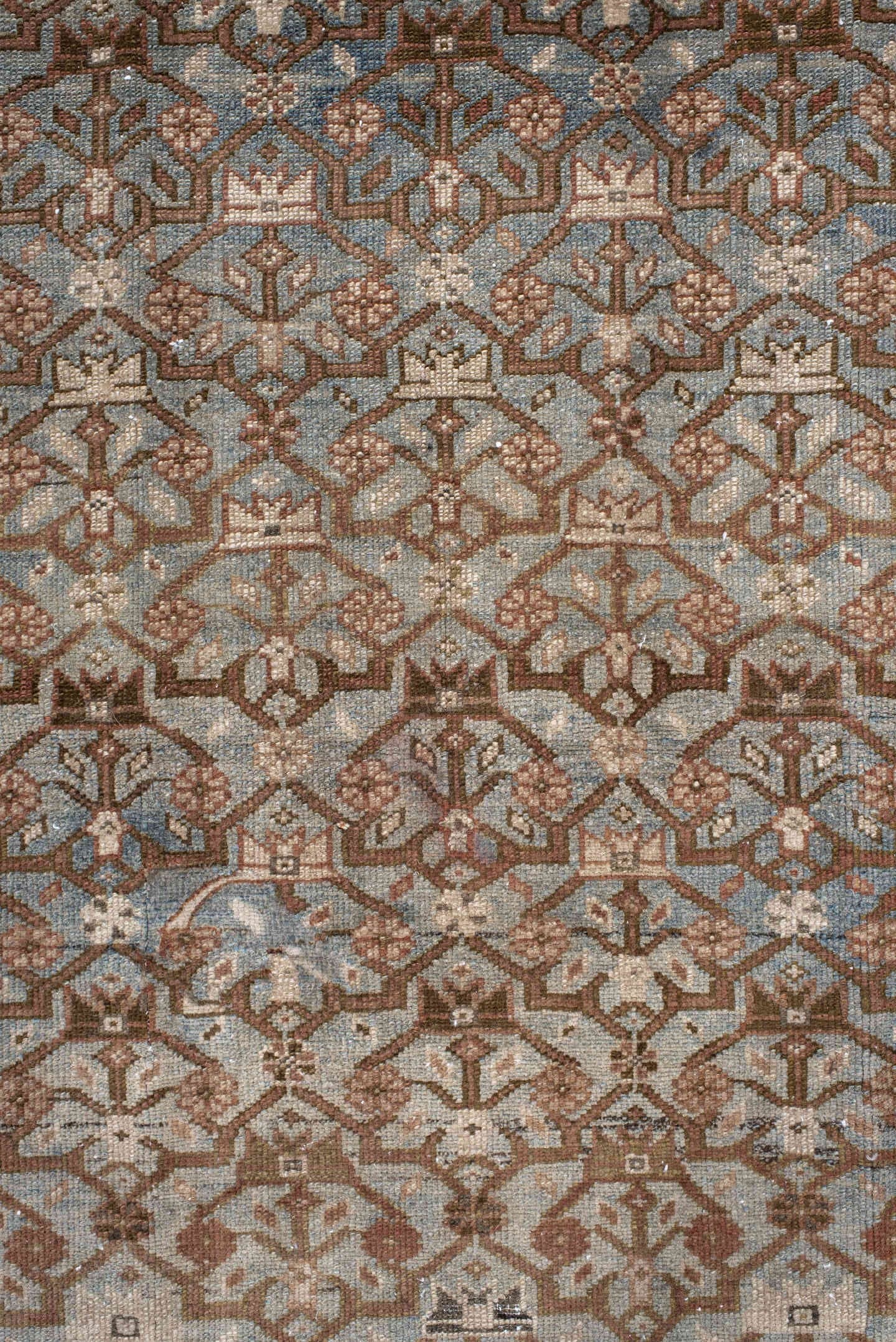 4' x 14' one-of-a-kind handmade vintage Malayer runner rug. Color palette: ivory, sky blue, taupe, rust, camel, brown