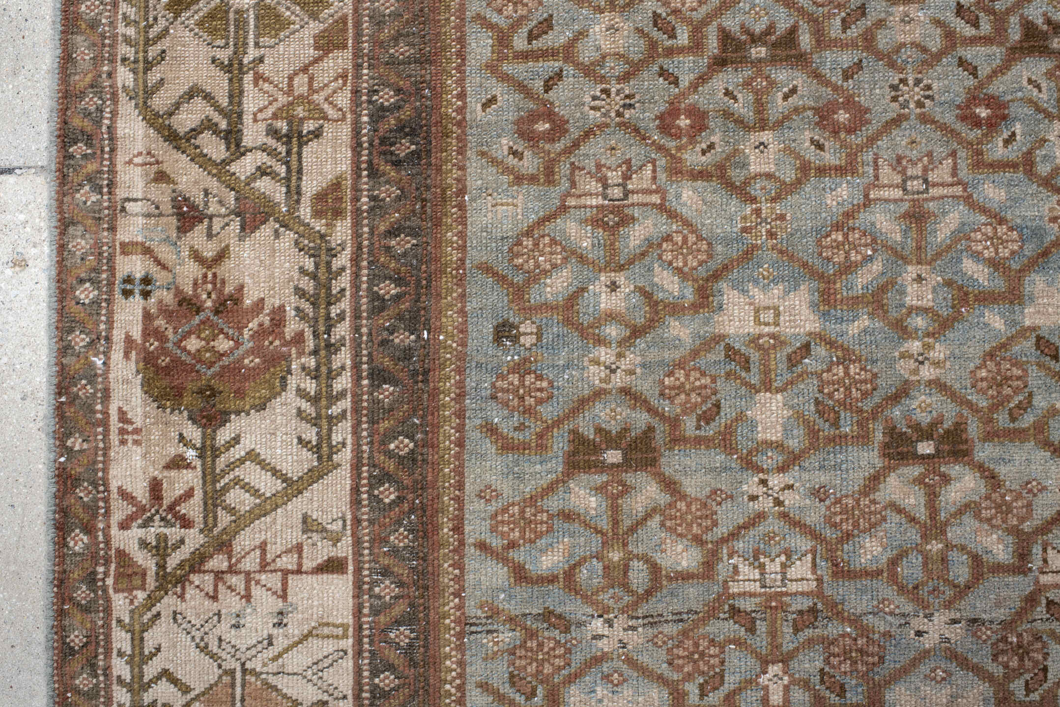 4' x 14' one-of-a-kind handmade vintage Malayer runner rug. Color palette: ivory, sky blue, taupe, rust, camel, brown