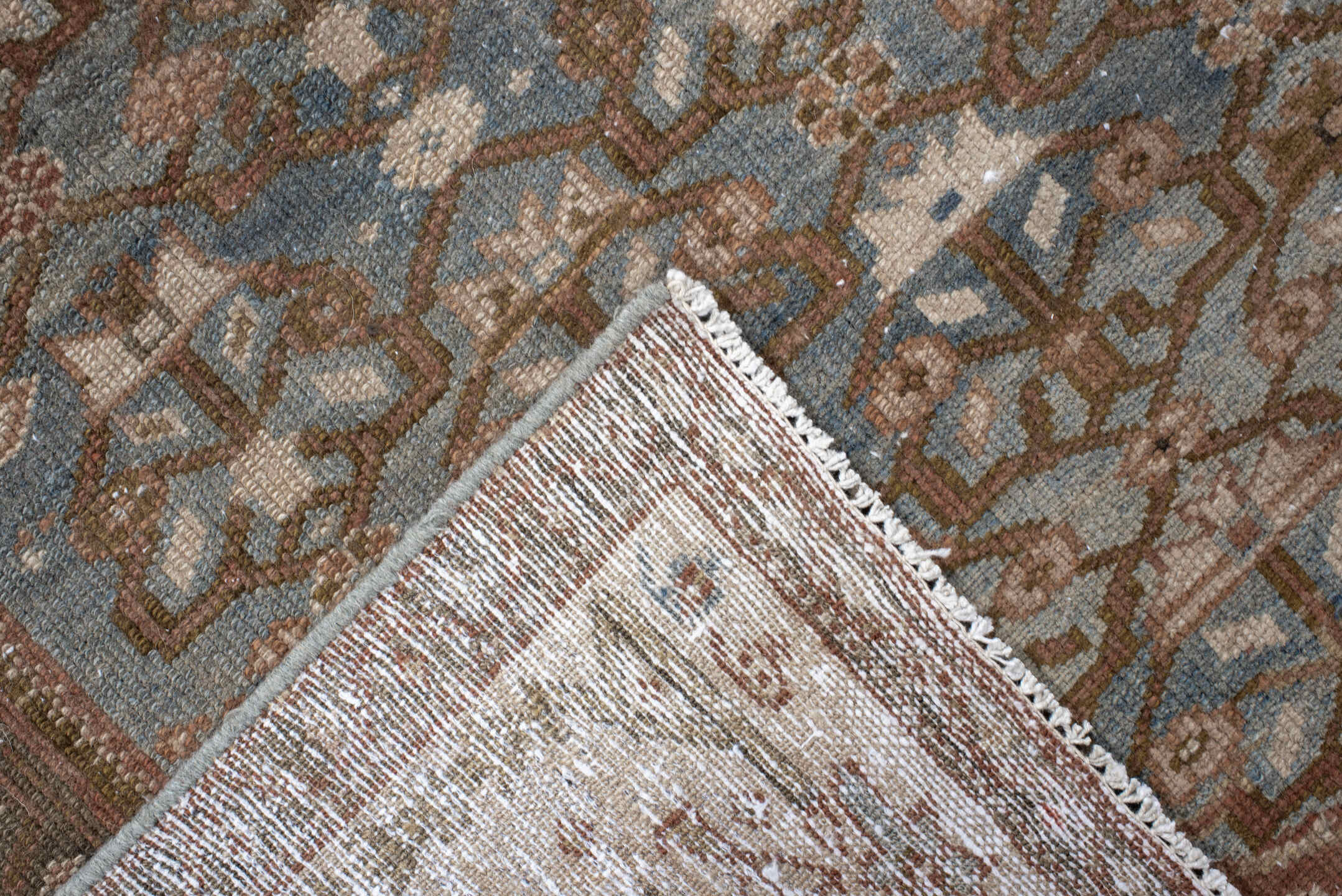 4' x 14' one-of-a-kind handmade vintage Malayer runner rug. Color palette: ivory, sky blue, taupe, rust, camel, brown