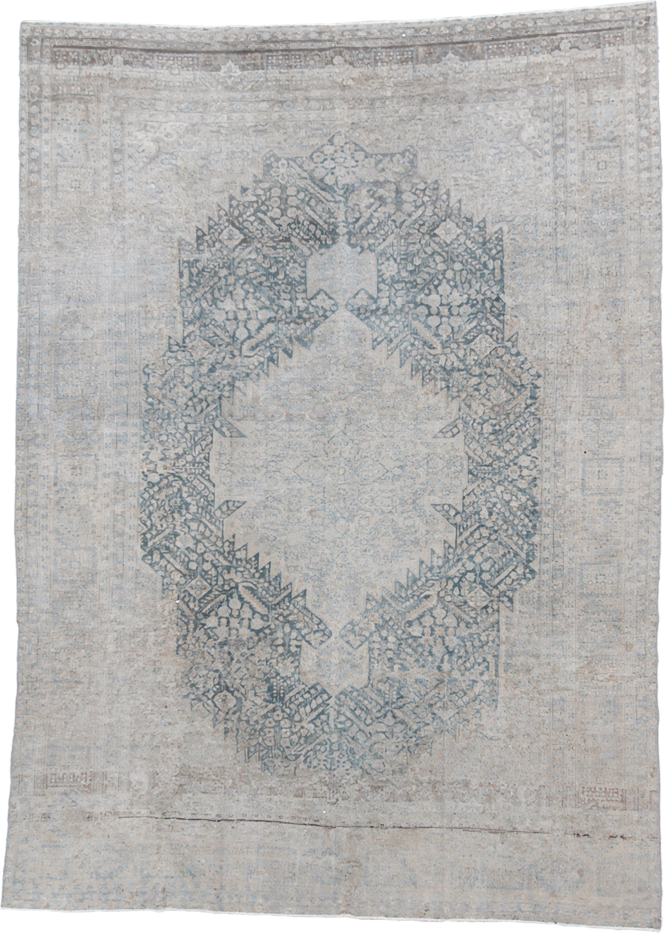 7' x 10' one-of-a-kind handmade vintage Senne large size rug. Color palette: ivory, pale blue, sky blue, taupe, light gray