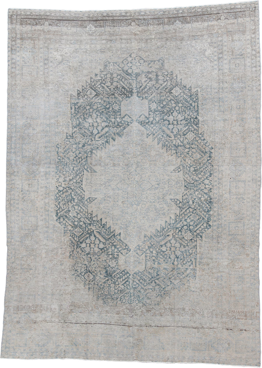 7' x 10' one-of-a-kind handmade vintage Senne large size rug. Color palette: ivory, pale blue, sky blue, taupe, light gray