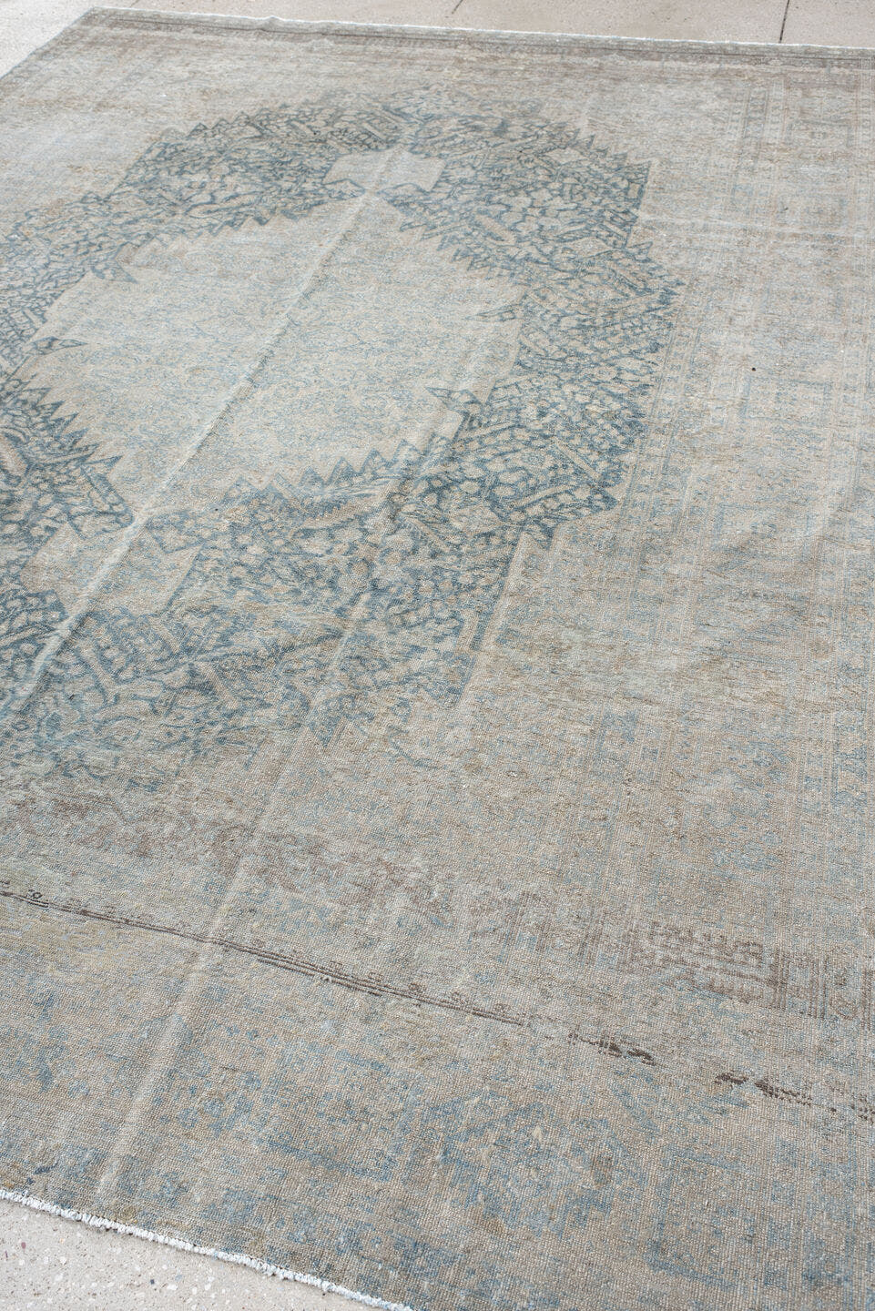 7' x 10' one-of-a-kind handmade vintage Senne large size rug. Color palette: ivory, pale blue, sky blue, taupe, light gray