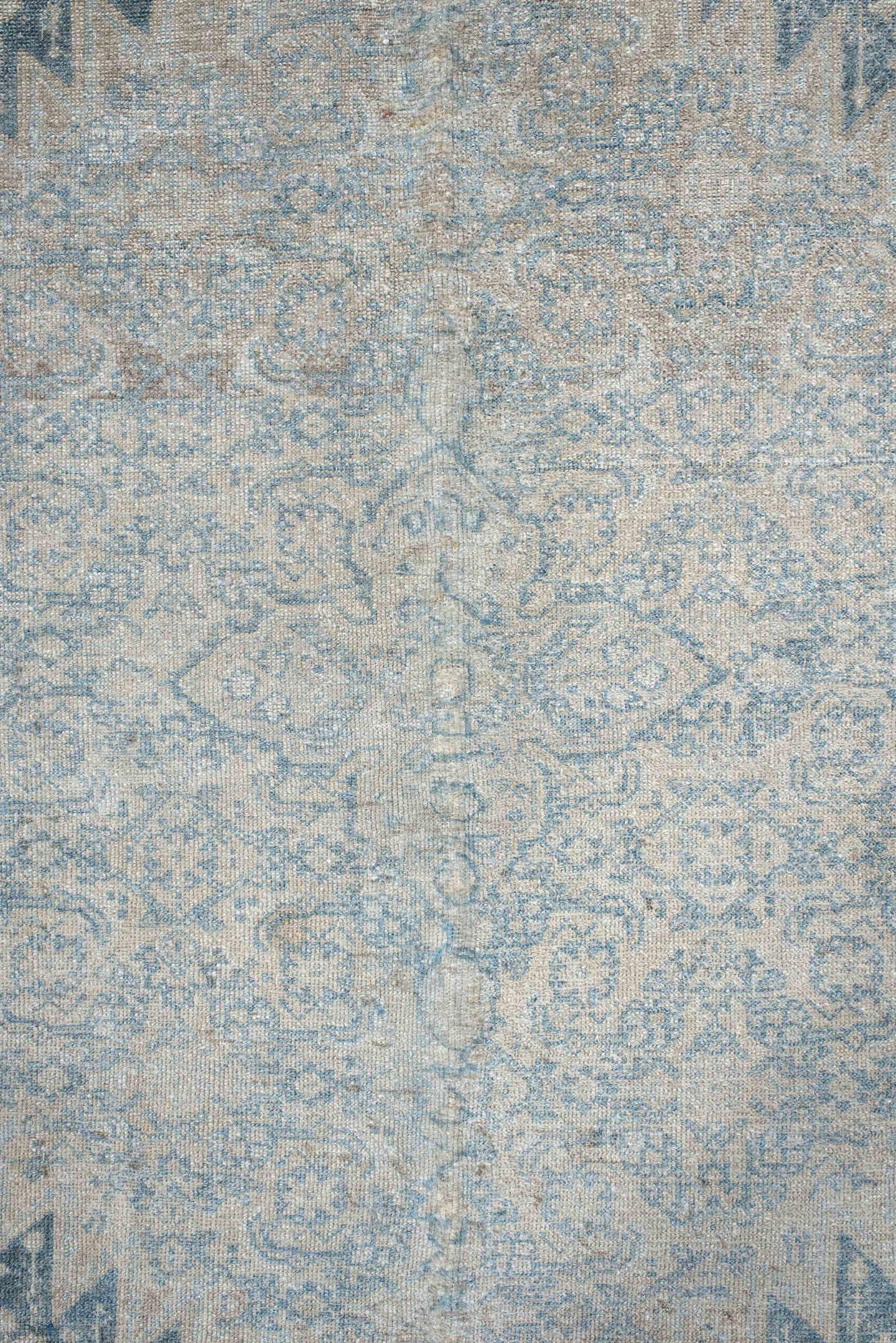 7' x 10' one-of-a-kind handmade vintage Senne large size rug. Color palette: ivory, pale blue, sky blue, taupe, light gray