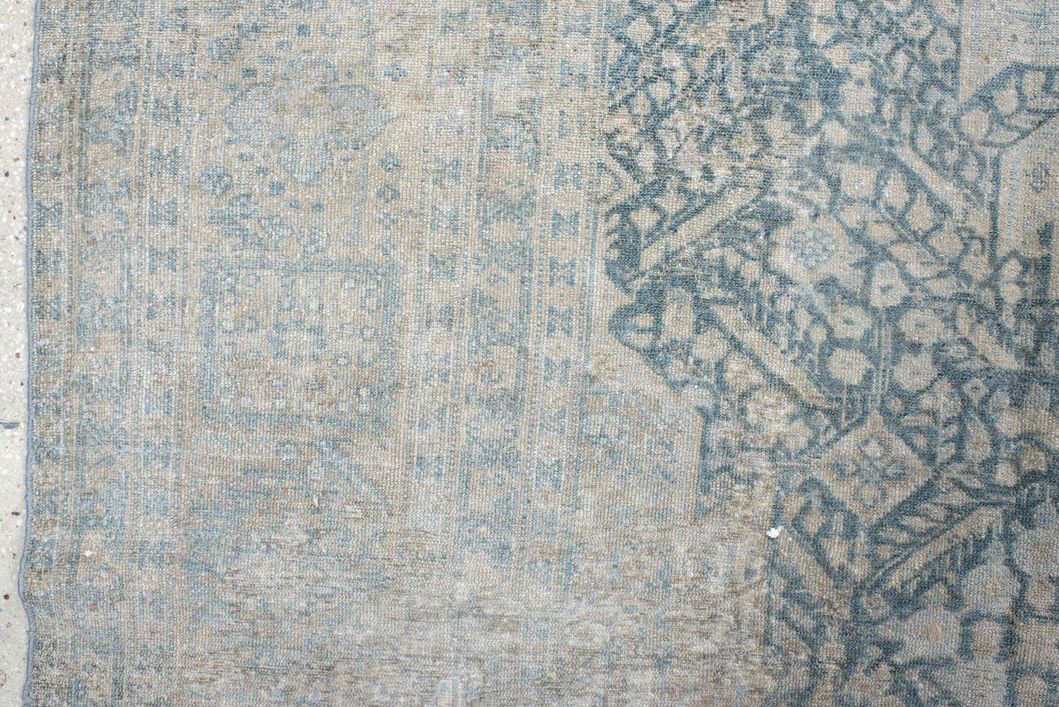 7' x 10' one-of-a-kind handmade vintage Senne large size rug. Color palette: ivory, pale blue, sky blue, taupe, light gray