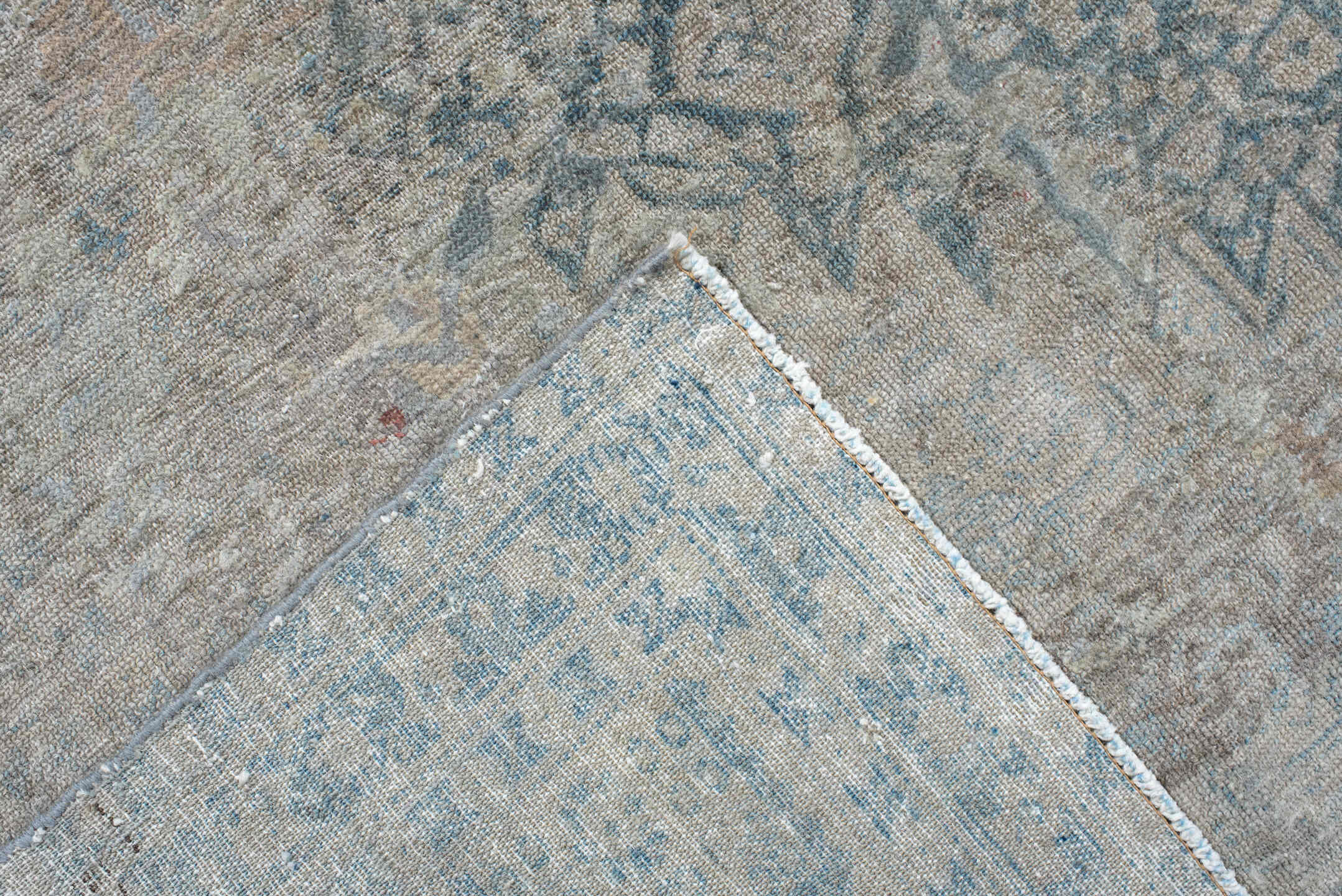7' x 10' one-of-a-kind handmade vintage Senne large size rug. Color palette: ivory, pale blue, sky blue, taupe, light gray