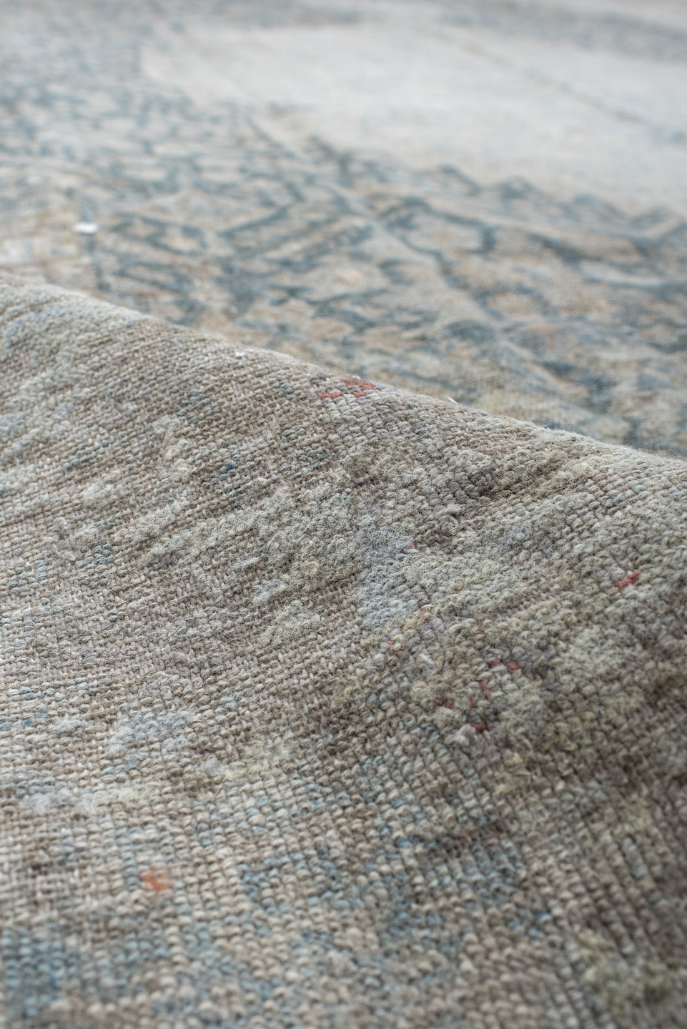 7' x 10' one-of-a-kind handmade vintage Senne large size rug. Color palette: ivory, pale blue, sky blue, taupe, light gray
