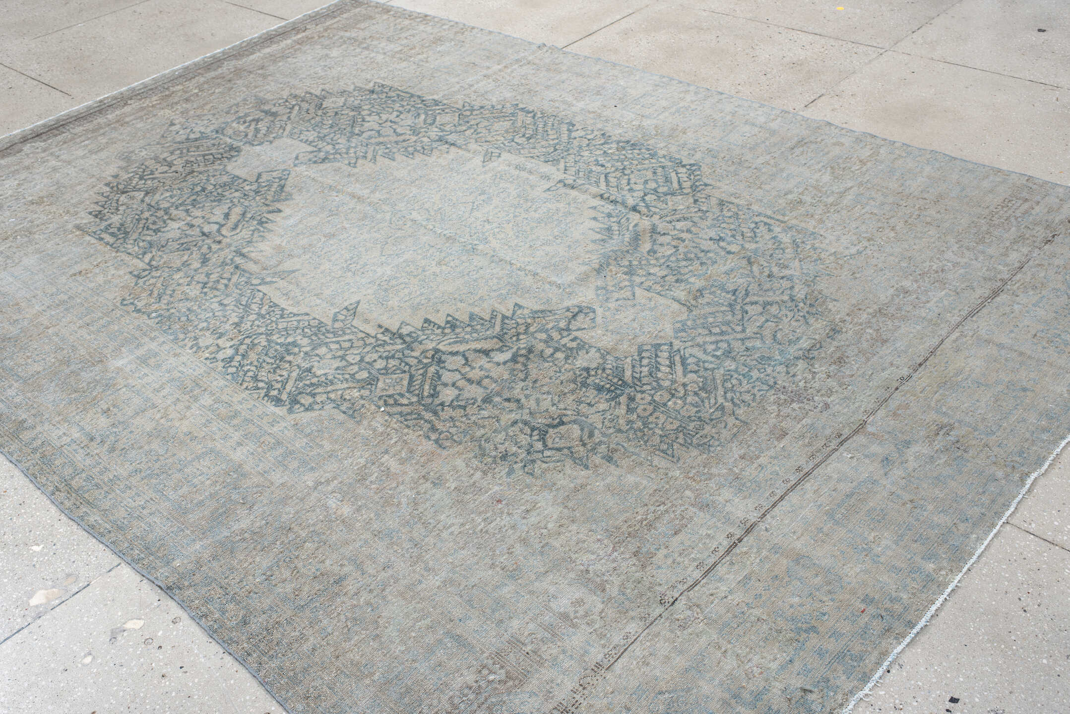 7' x 10' one-of-a-kind handmade vintage Senne large size rug. Color palette: ivory, pale blue, sky blue, taupe, light gray