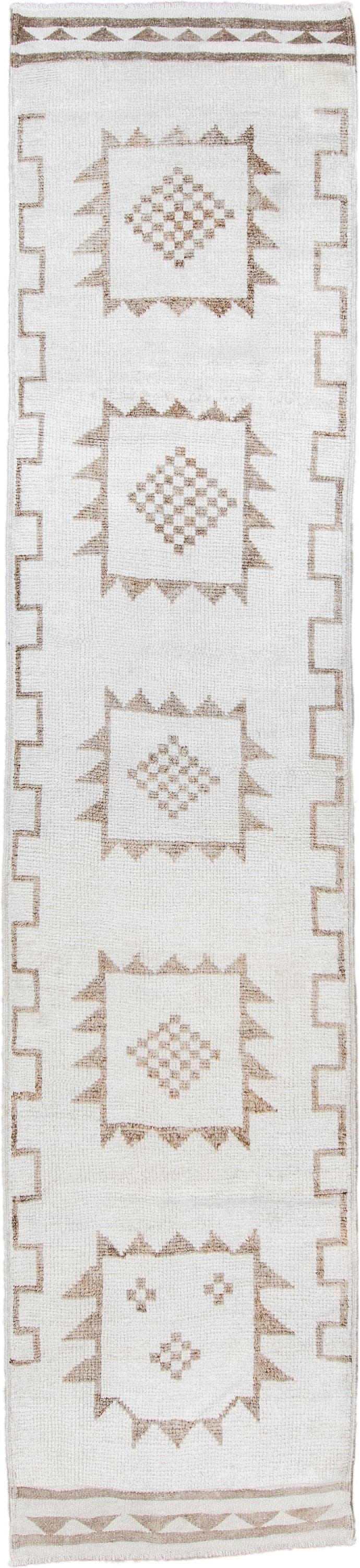 3' x 13' one-of-a-kind handmade vintage Kars runner rug. Color palette: ivory, taupe, beige, gray