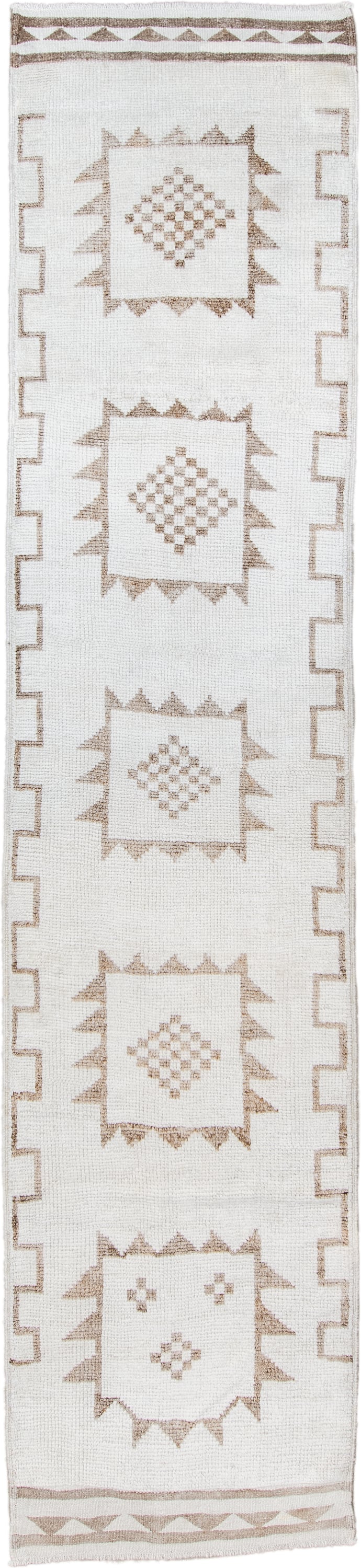 3' x 13' one-of-a-kind handmade vintage Kars runner rug. Color palette: ivory, taupe, beige, gray