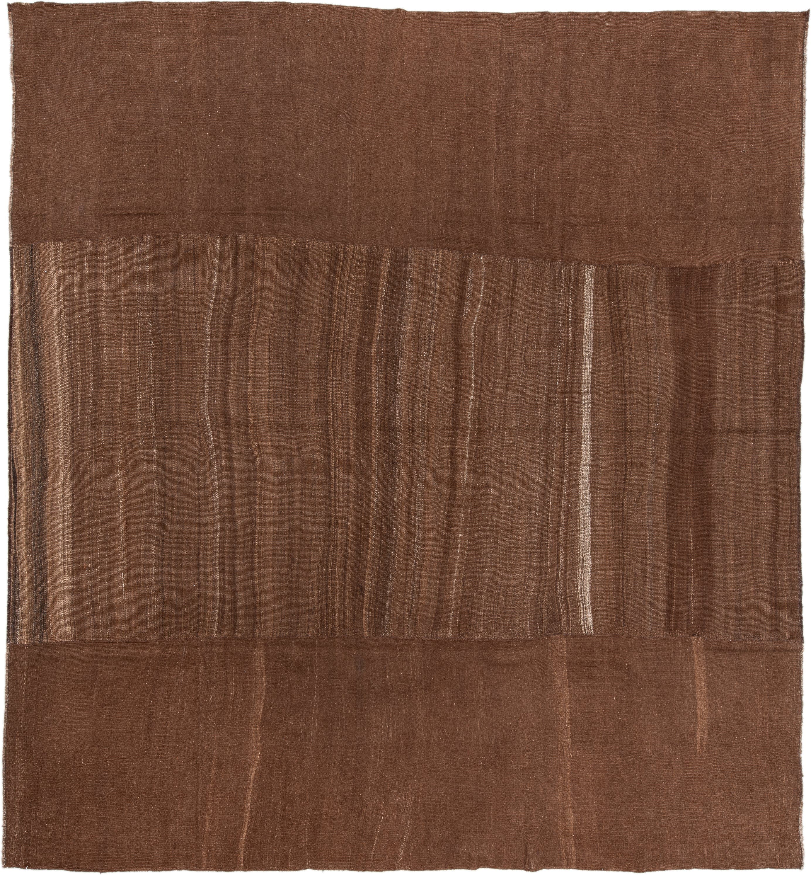 11' x 12' one-of-a-kind handmade vintage Kilim oversize rug. Color palette: brown, camel, taupe, walnut, beige, gray
