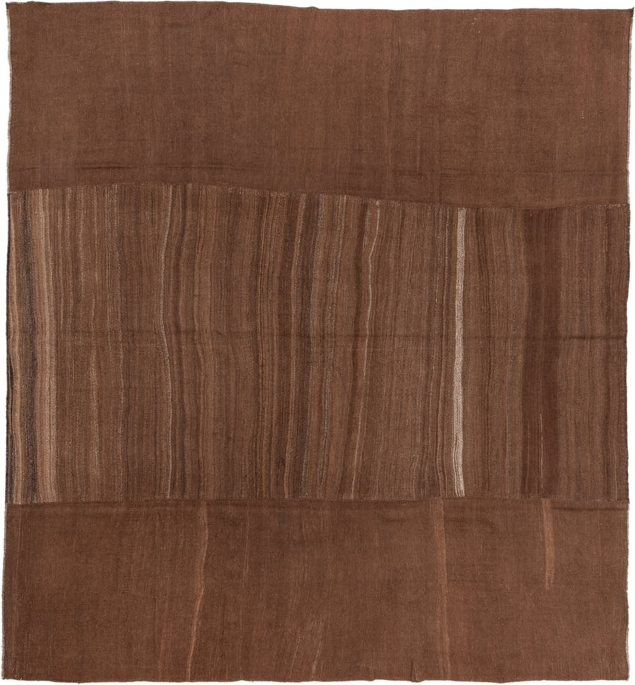 11' x 12' one-of-a-kind handmade vintage Kilim oversize rug. Color palette: brown, camel, taupe, walnut, beige, gray
