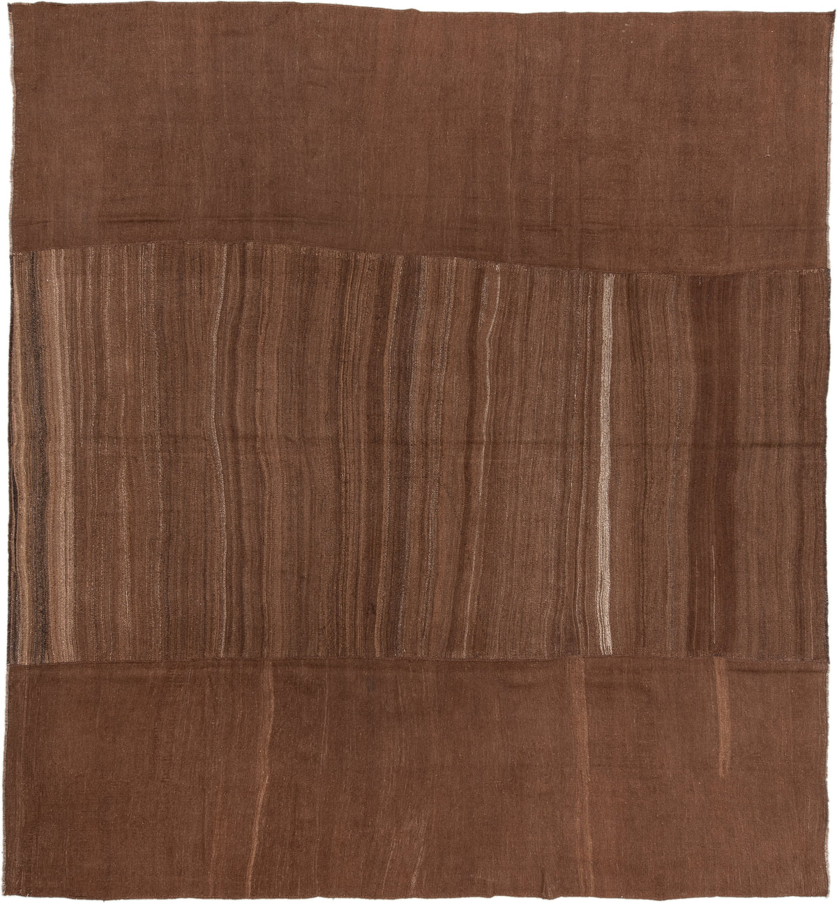 11' x 12' one-of-a-kind handmade vintage Kilim oversize rug. Color palette: brown, camel, taupe, walnut, beige, gray