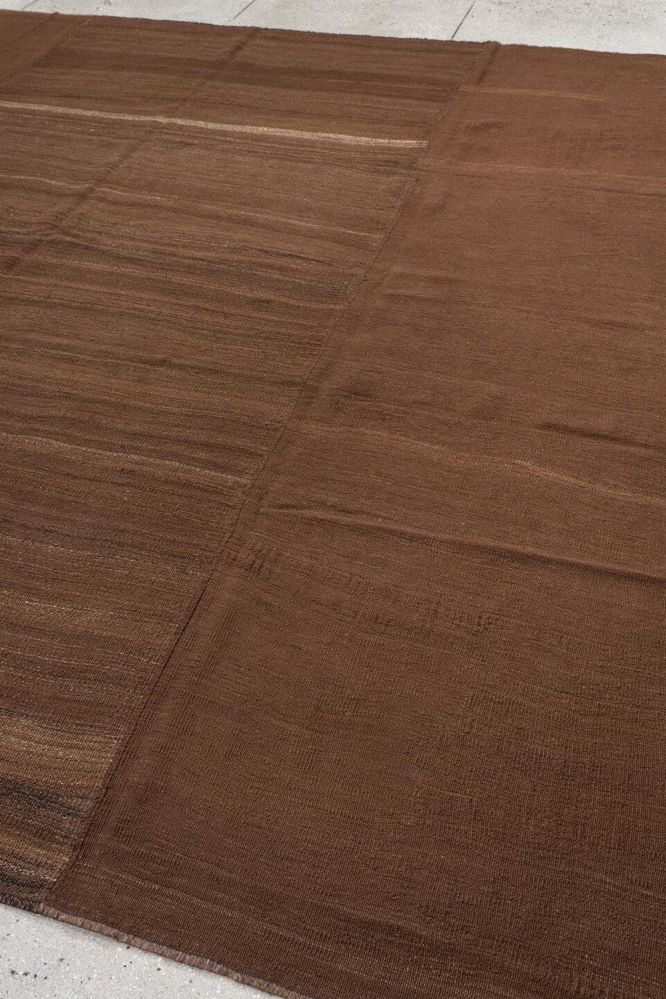 11' x 12' one-of-a-kind handmade vintage Kilim oversize rug. Color palette: brown, camel, taupe, walnut, beige, gray