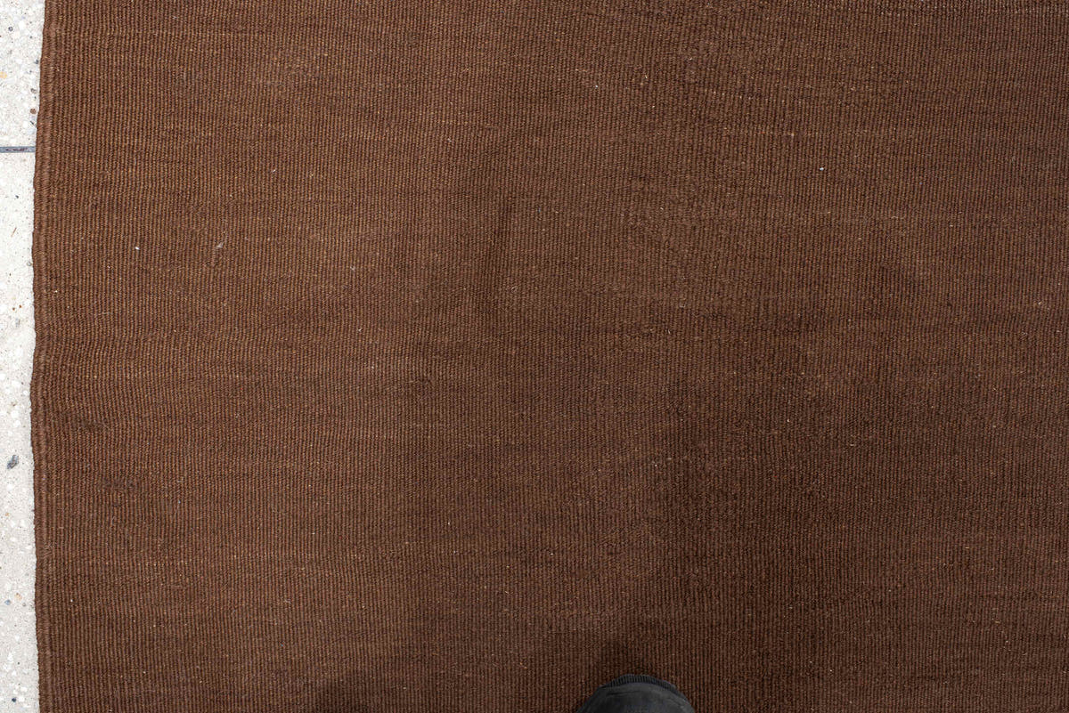 11' x 12' one-of-a-kind handmade vintage Kilim oversize rug. Color palette: brown, camel, taupe, walnut, beige, gray