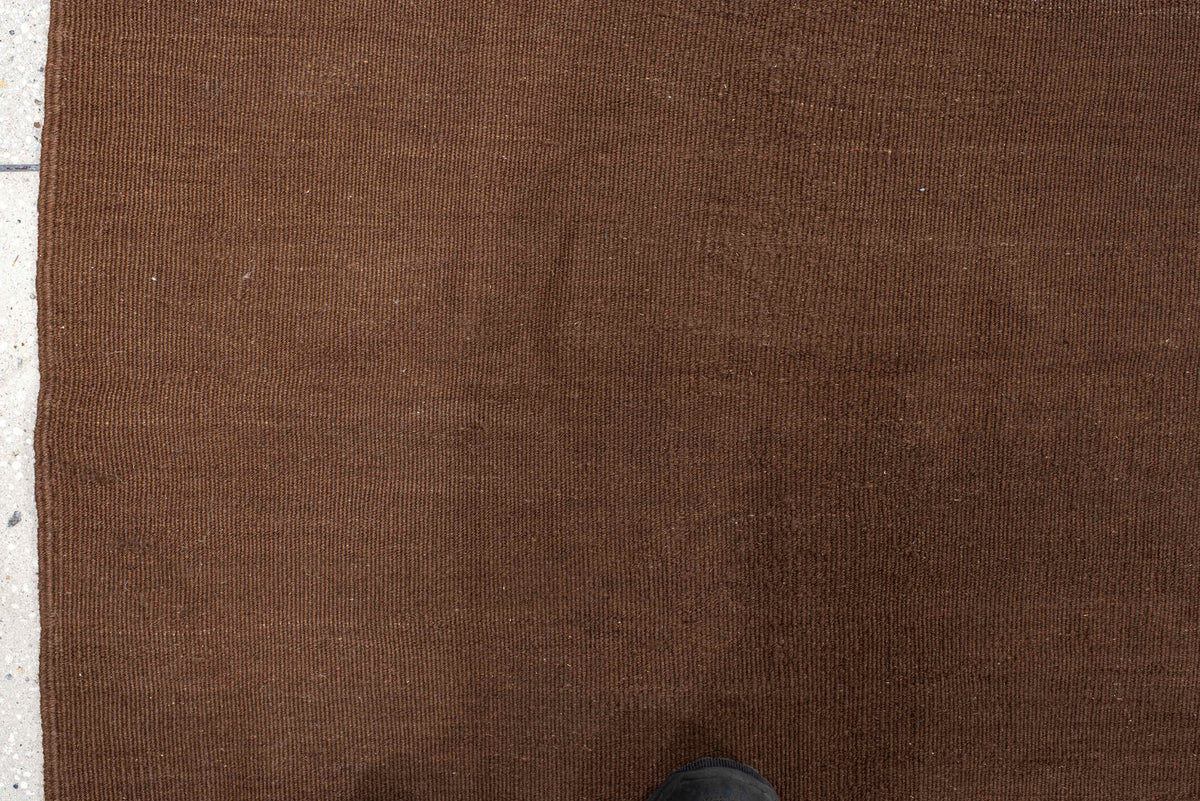 11' x 12' one-of-a-kind handmade vintage Kilim oversize rug. Color palette: brown, camel, taupe, walnut, beige, gray