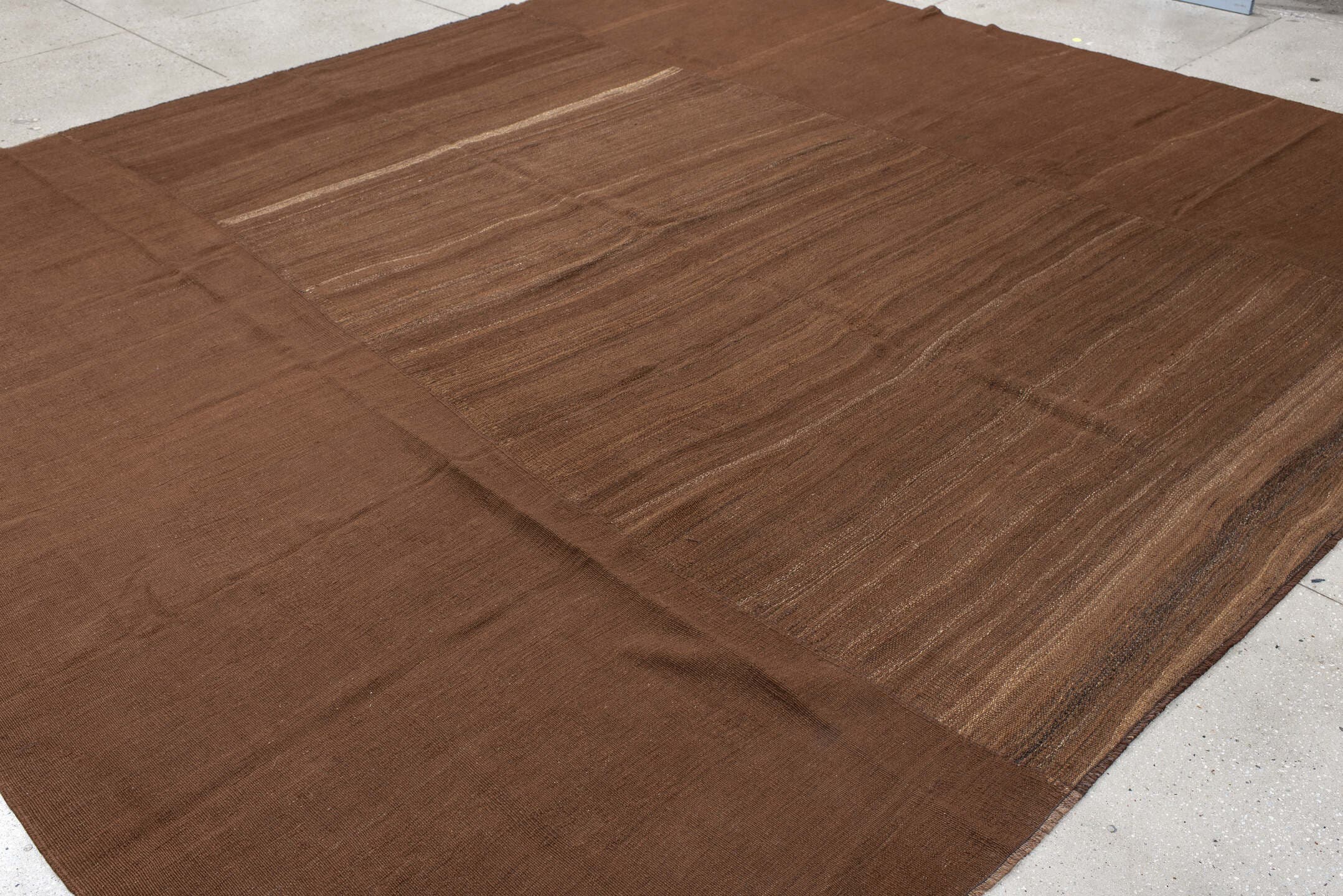 11' x 12' one-of-a-kind handmade vintage Kilim oversize rug. Color palette: brown, camel, taupe, walnut, beige, gray