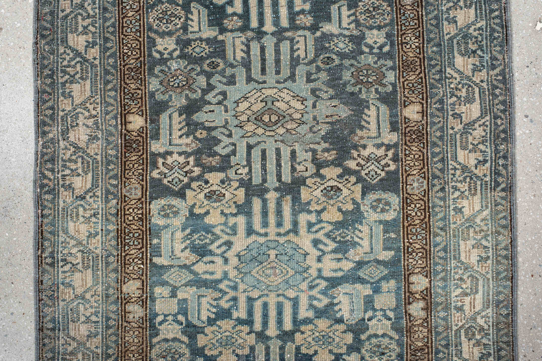 2' x 16' one-of-a-kind handmade vintage Malayer runner rug. Color palette: black, blue, brown, charcoal, dark gray, dim gray