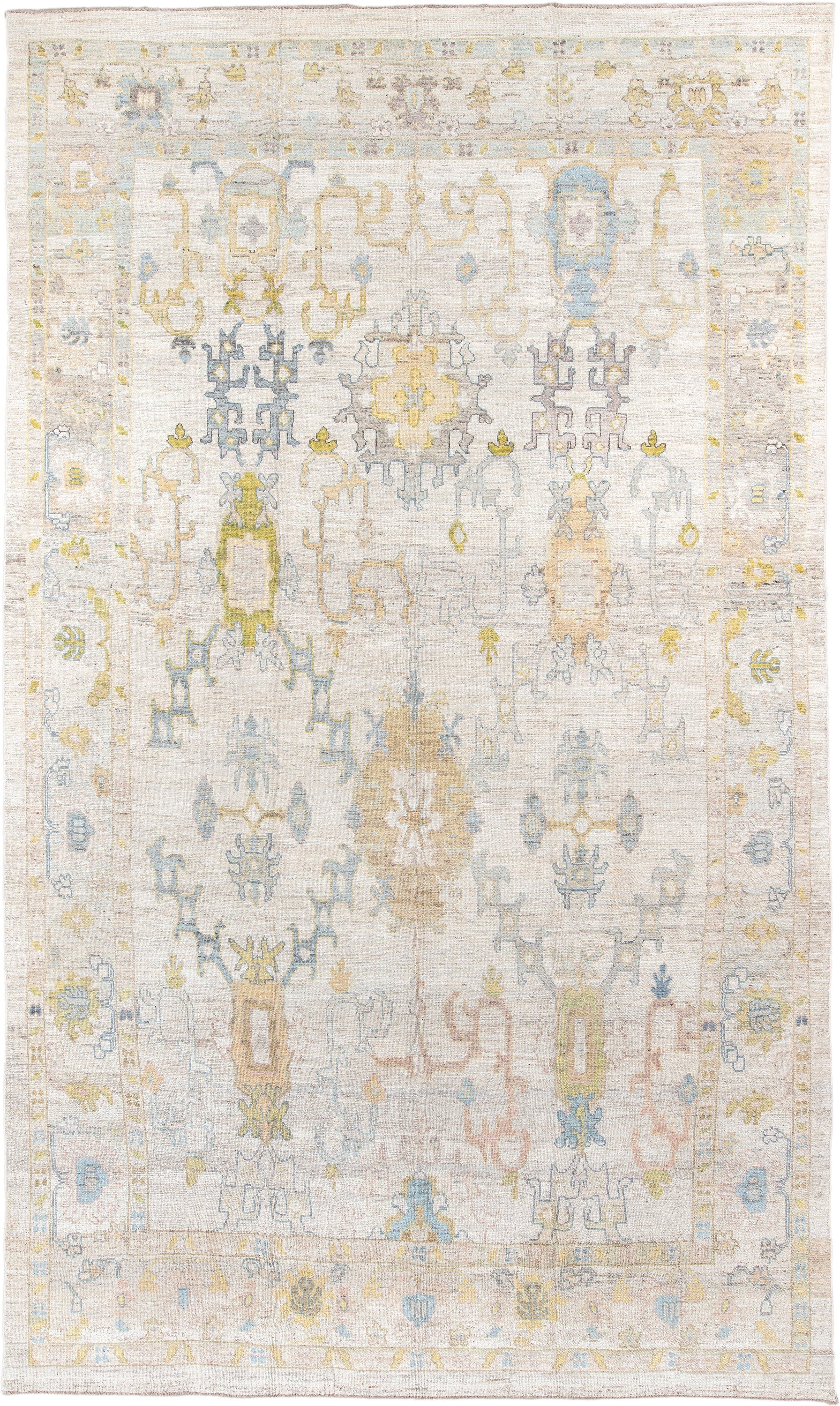 12' x 20' one-of-a-kind handmade vintage Oushak oversize rug. Color palette: ivory, pale blue, gold, sage, blush, taupe