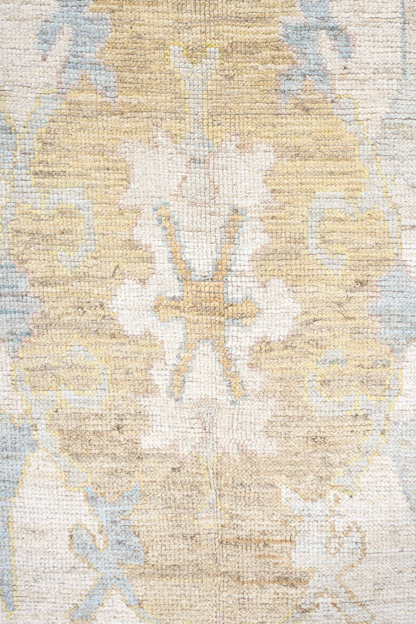 12' x 20' one-of-a-kind handmade vintage Oushak oversize rug. Color palette: ivory, pale blue, gold, sage, blush, taupe