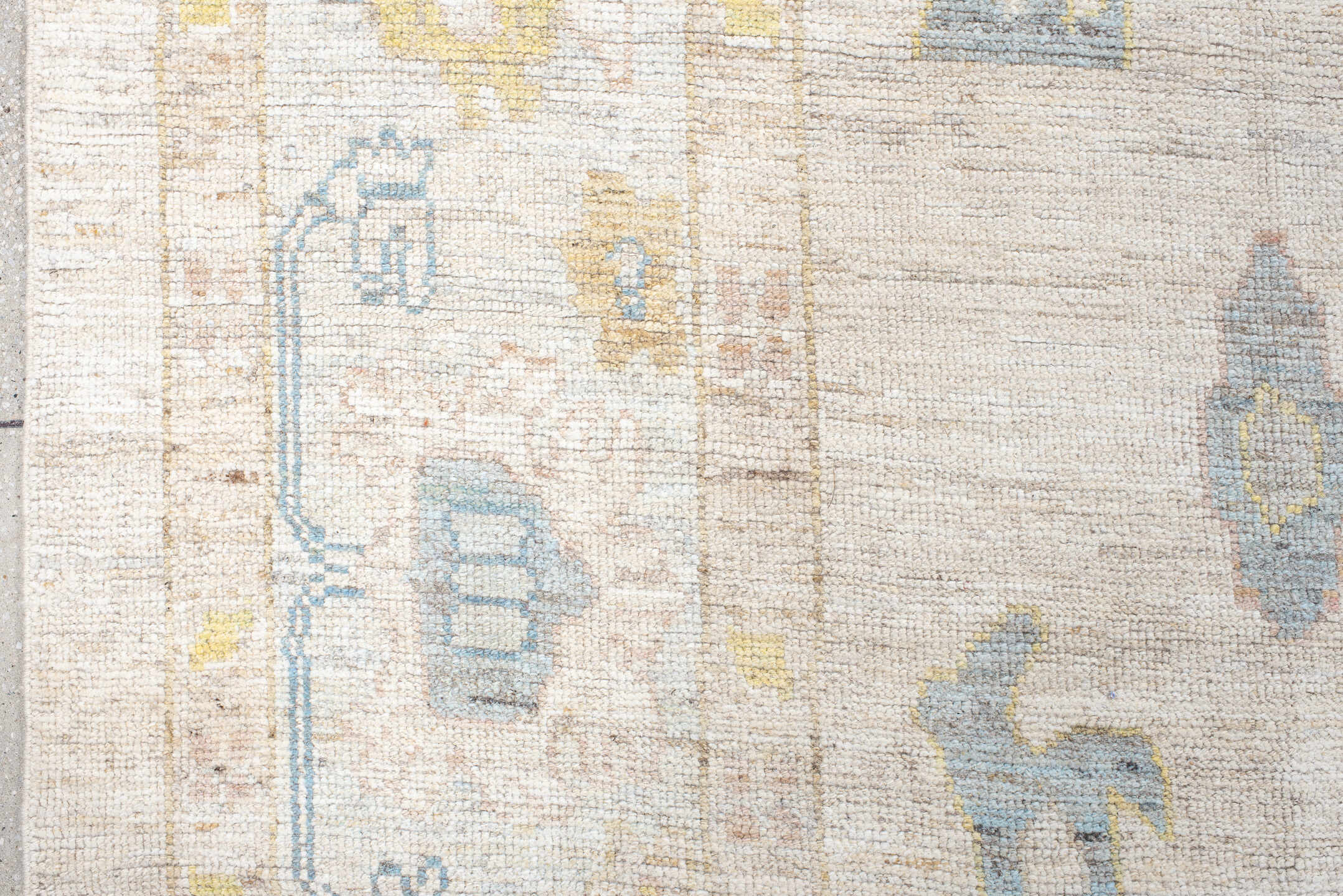 12' x 20' one-of-a-kind handmade vintage Oushak oversize rug. Color palette: ivory, pale blue, gold, sage, blush, taupe