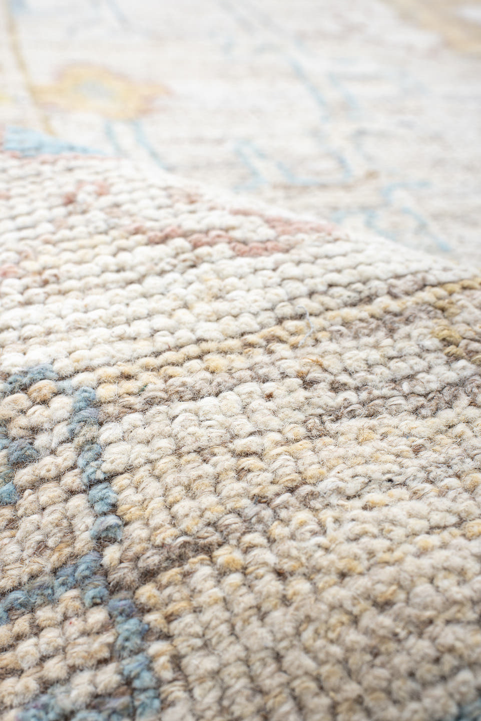 12' x 20' one-of-a-kind handmade vintage Oushak oversize rug. Color palette: ivory, pale blue, gold, sage, blush, taupe