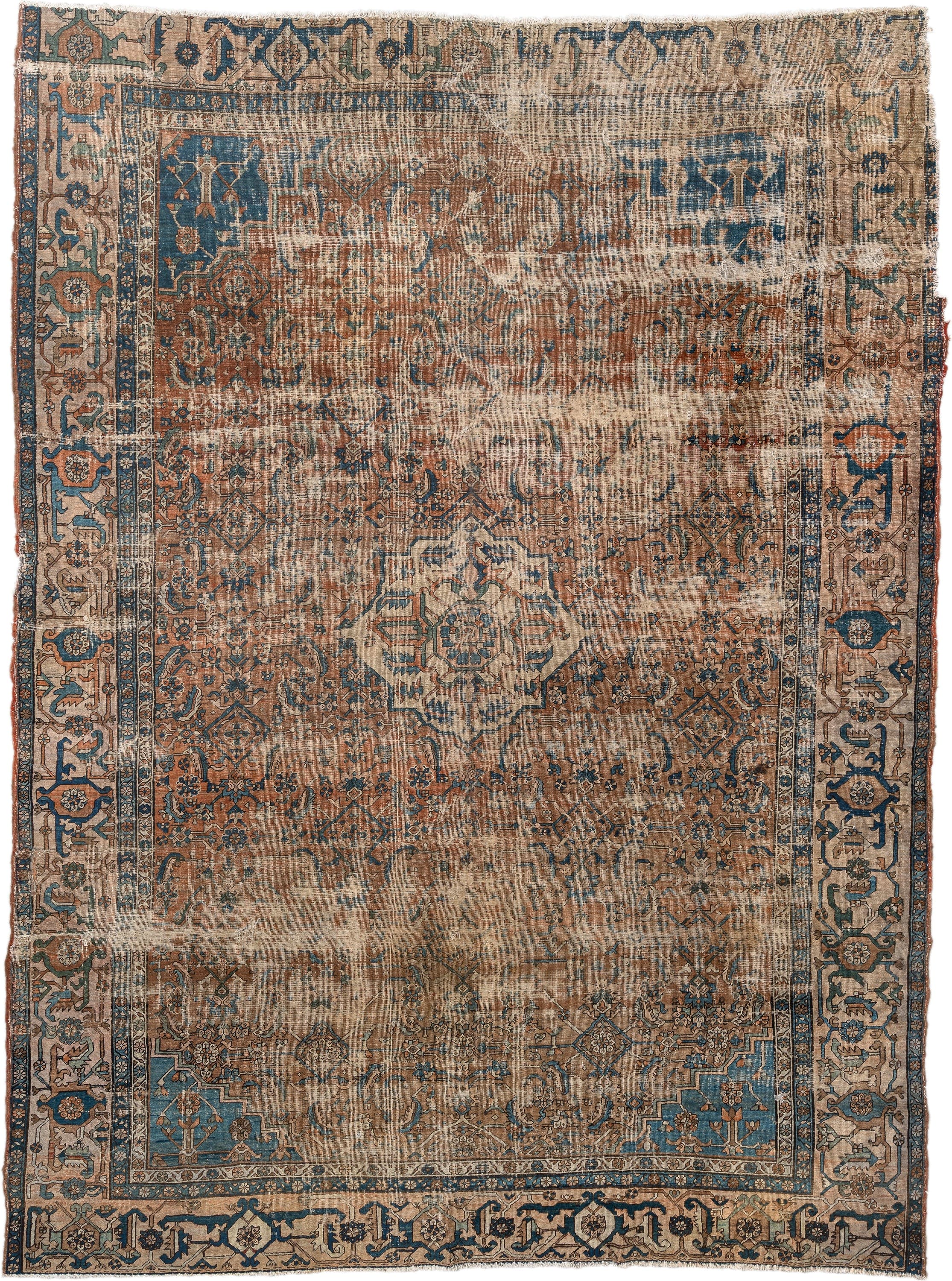 10' x 14' one-of-a-kind handmade vintage Serapi large size rug. Color palette: terra cotta, ivory, blue, beige, camel, slate