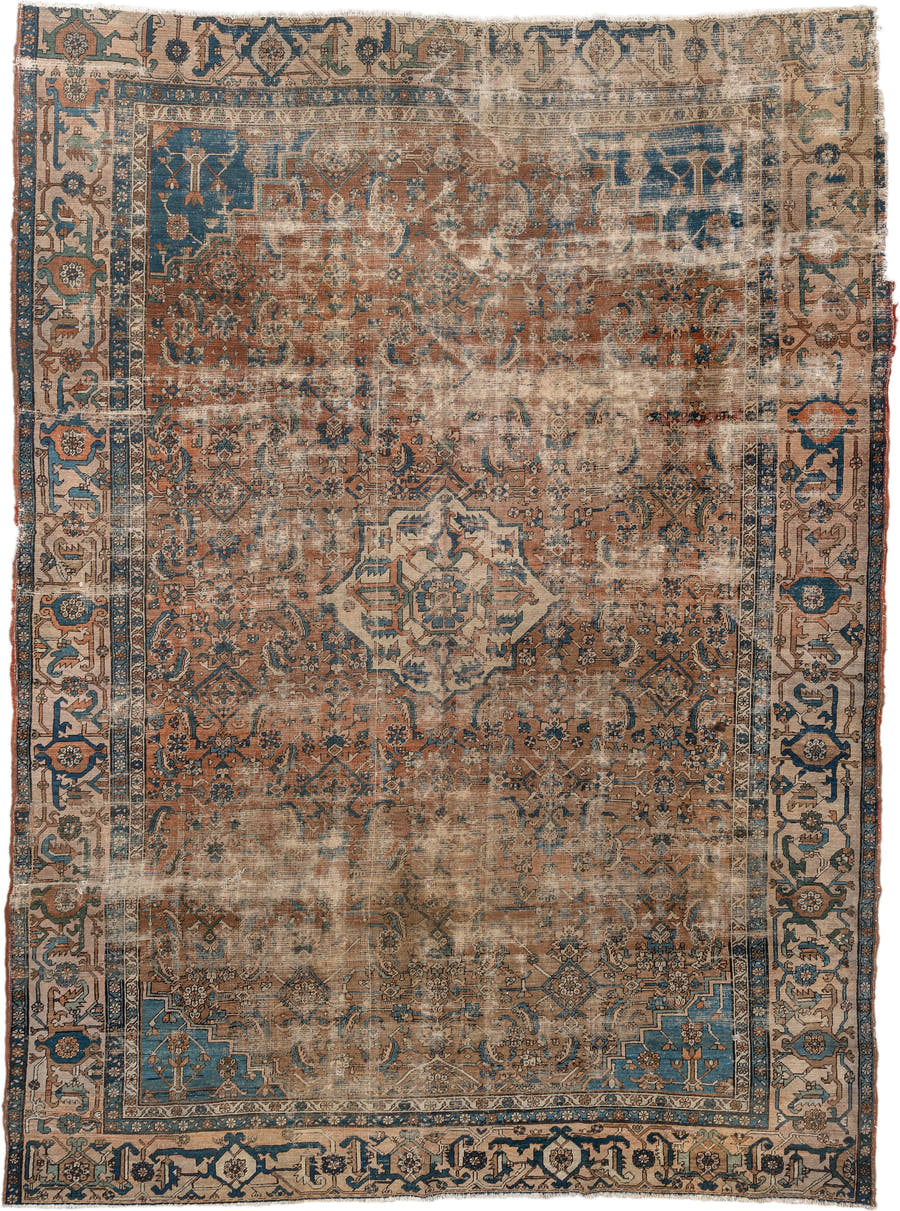 10' x 14' one-of-a-kind handmade vintage Serapi large size rug. Color palette: terra cotta, ivory, blue, beige, camel, slate