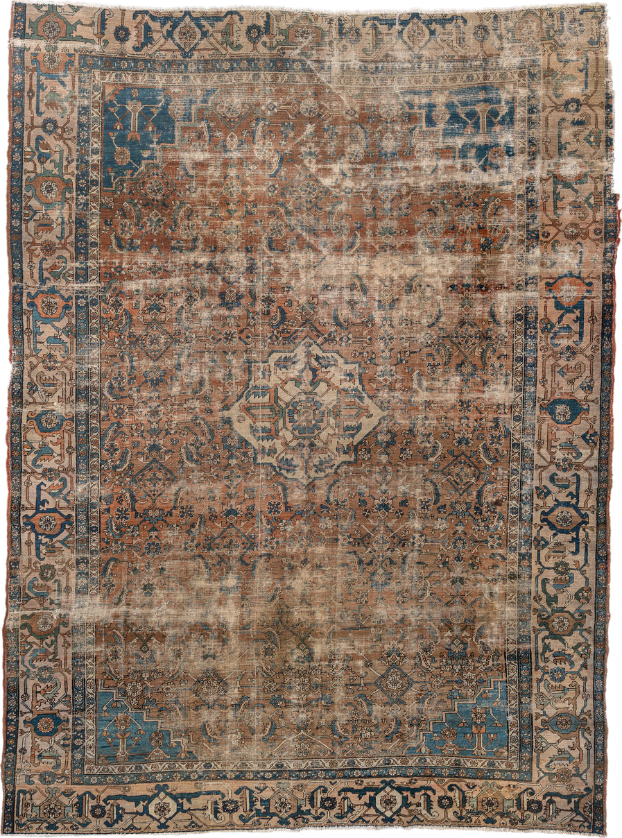 10' x 14' one-of-a-kind handmade vintage Serapi large size rug. Color palette: terra cotta, ivory, blue, beige, camel, slate