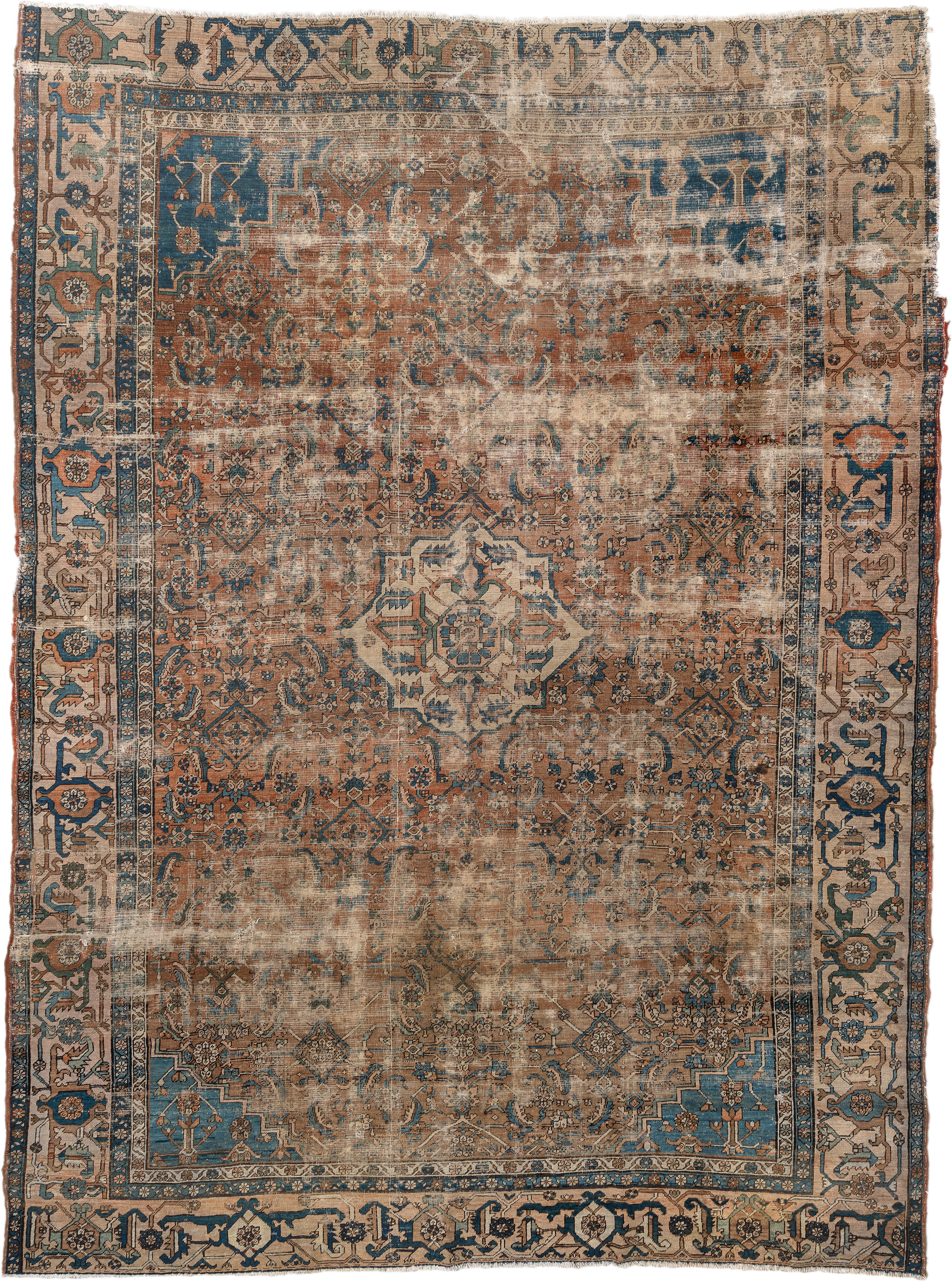 10' x 14' one-of-a-kind handmade vintage Serapi large size rug. Color palette: terra cotta, ivory, blue, beige, camel, slate