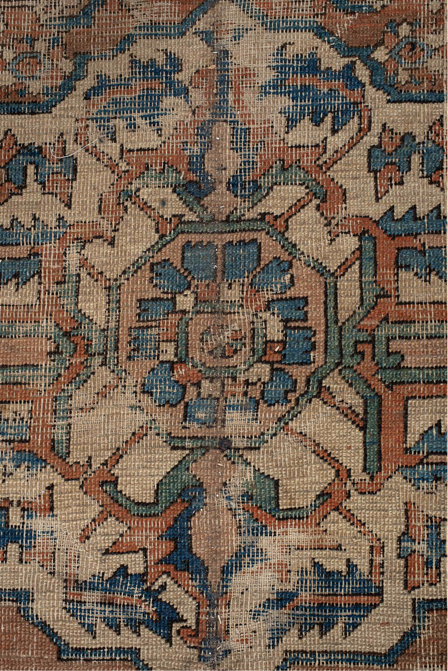 10' x 14' one-of-a-kind handmade vintage Serapi large size rug. Color palette: terra cotta, ivory, blue, beige, camel, slate