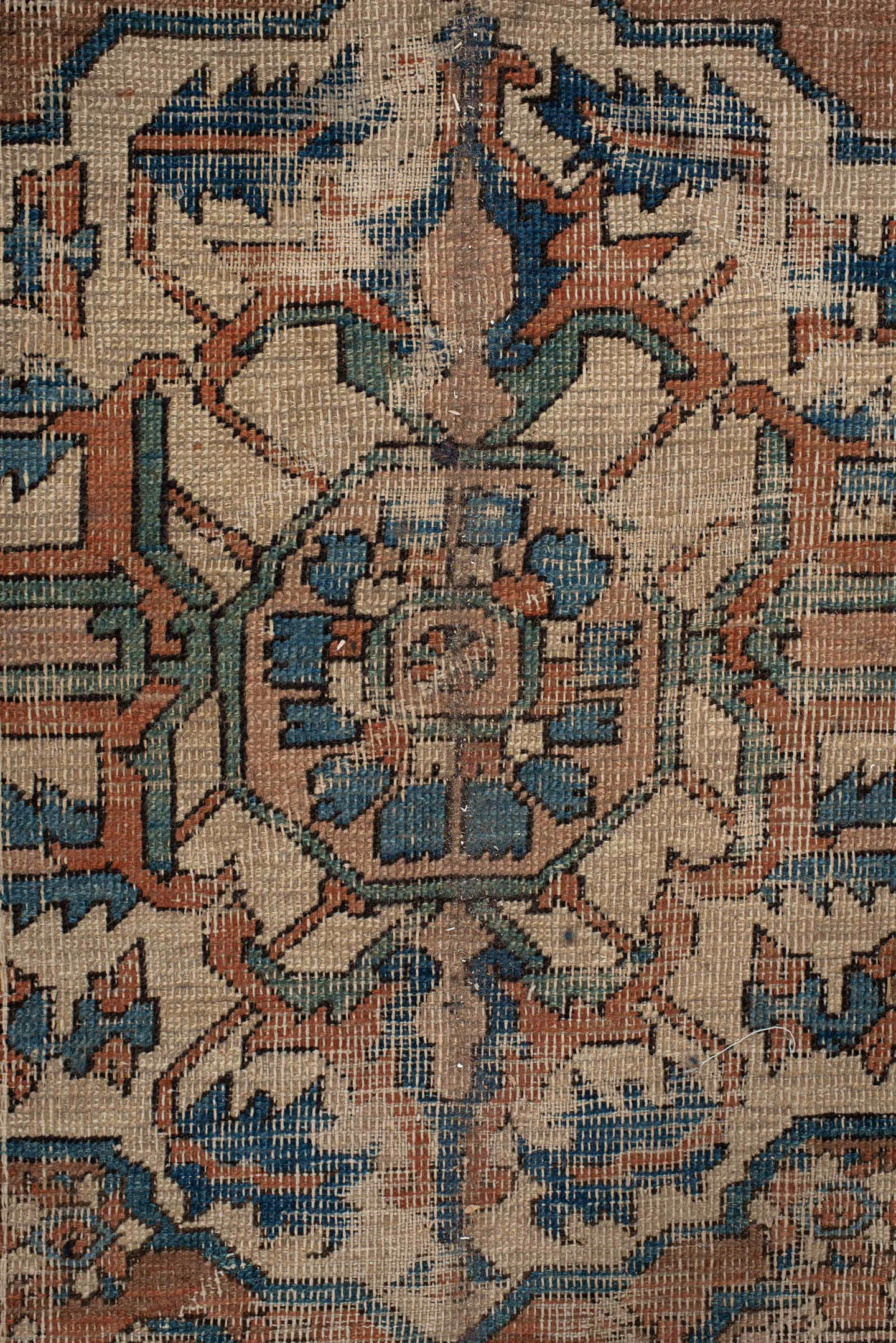 10' x 14' one-of-a-kind handmade vintage Serapi large size rug. Color palette: terra cotta, ivory, blue, beige, camel, slate