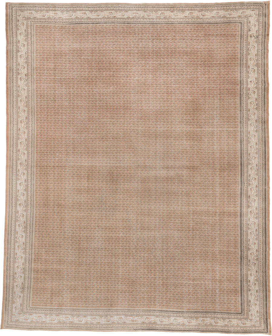 12' x 15' one-of-a-kind handmade antique Mir oversize rug. Color palette: camel, ivory, muted rose, taupe, sienna, charcoal