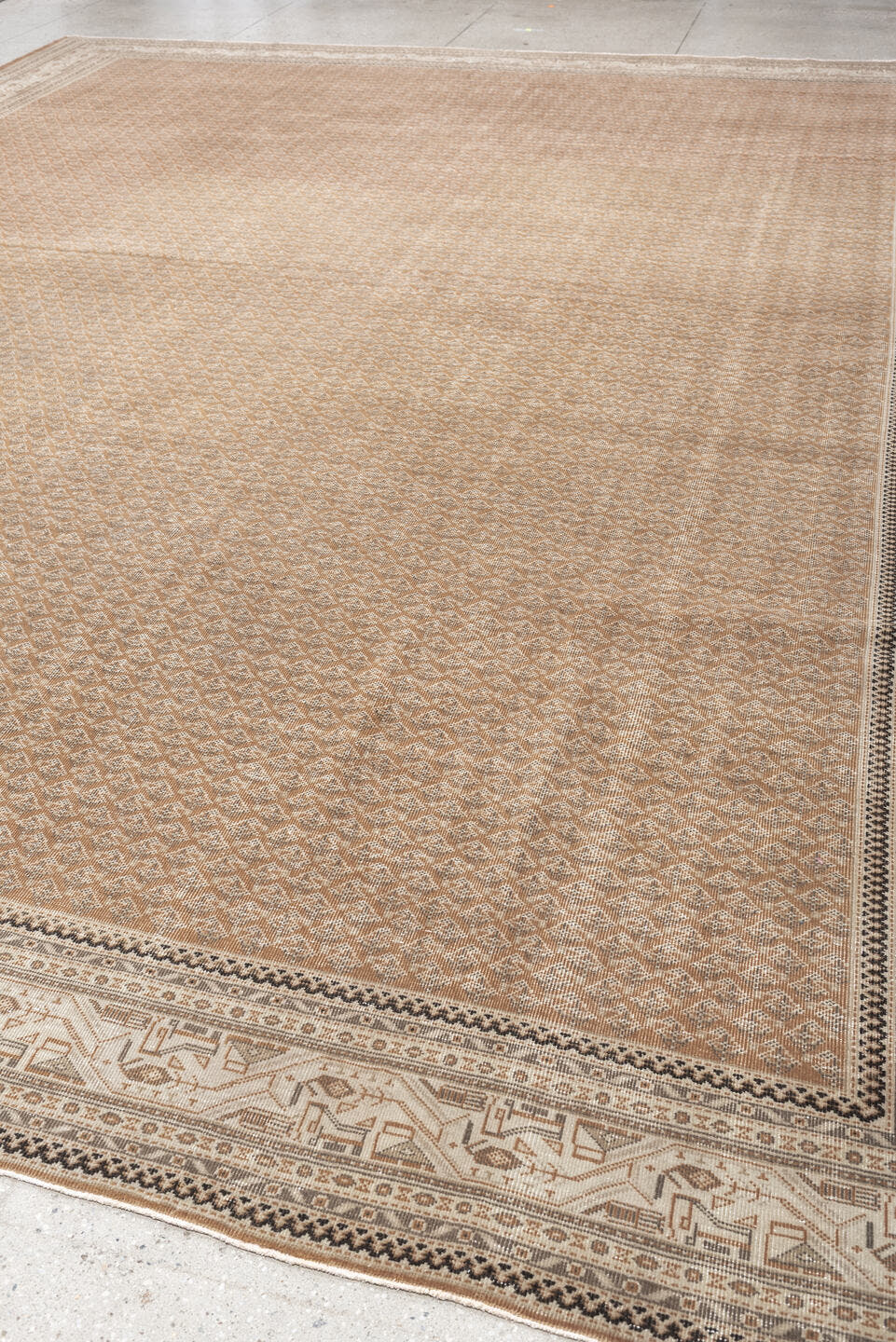 12' x 15' one-of-a-kind handmade antique Mir oversize rug. Color palette: camel, ivory, muted rose, taupe, sienna, charcoal