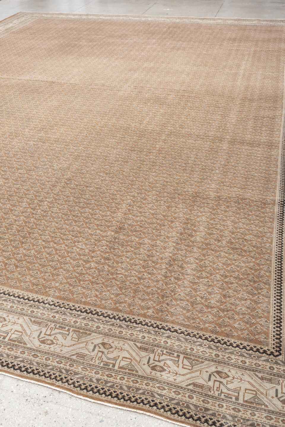 12' x 15' one-of-a-kind handmade antique Mir oversize rug. Color palette: camel, ivory, muted rose, taupe, sienna, charcoal