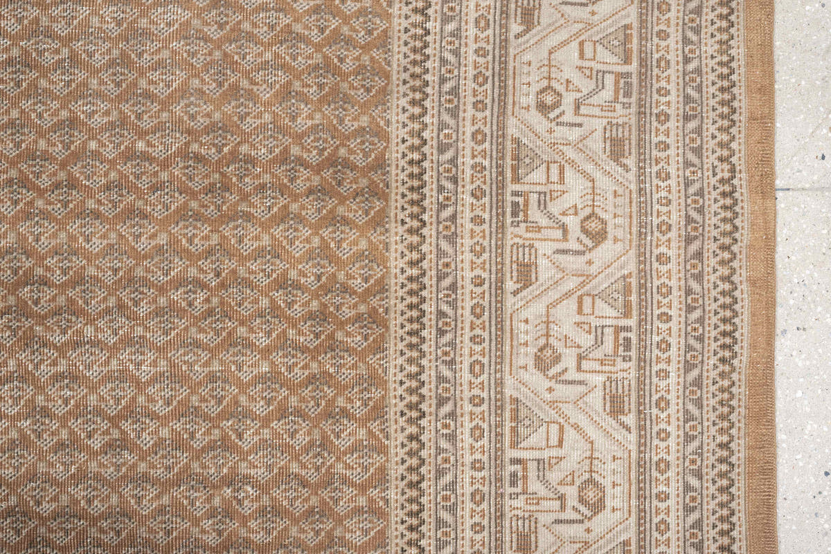12' x 15' one-of-a-kind handmade antique Mir oversize rug. Color palette: camel, ivory, muted rose, taupe, sienna, charcoal