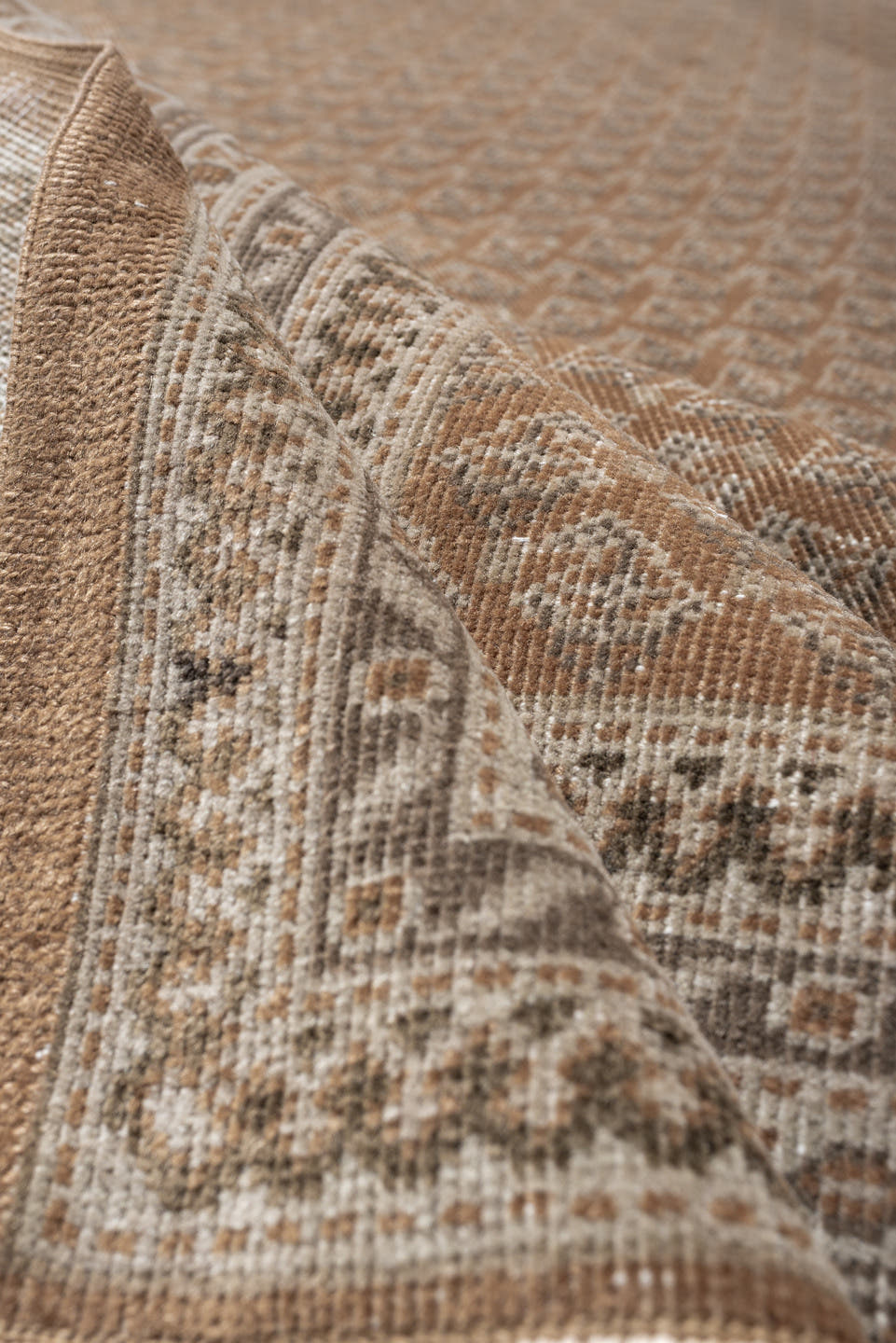12' x 15' one-of-a-kind handmade antique Mir oversize rug. Color palette: camel, ivory, muted rose, taupe, sienna, charcoal