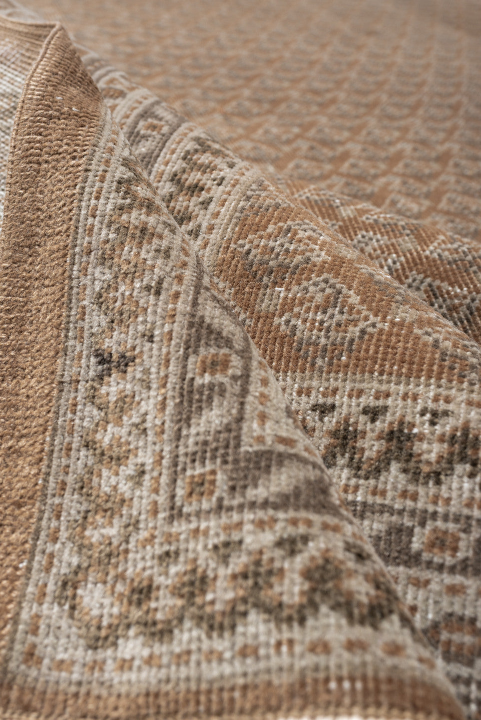 12' x 15' one-of-a-kind handmade antique Mir oversize rug. Color palette: camel, ivory, muted rose, taupe, sienna, charcoal
