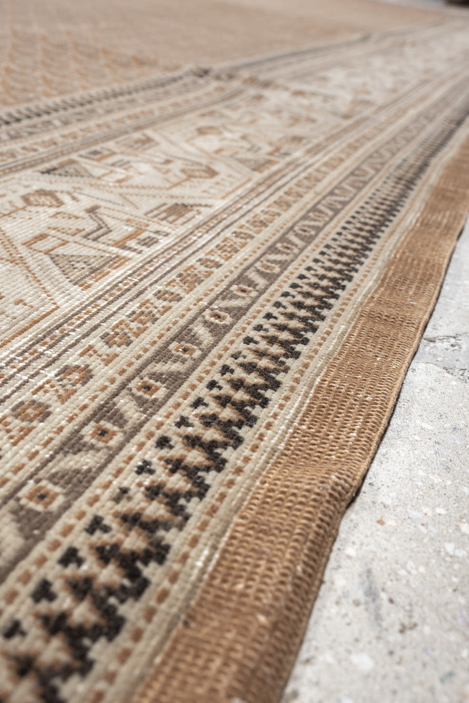 12' x 15' one-of-a-kind handmade antique Mir oversize rug. Color palette: camel, ivory, muted rose, taupe, sienna, charcoal
