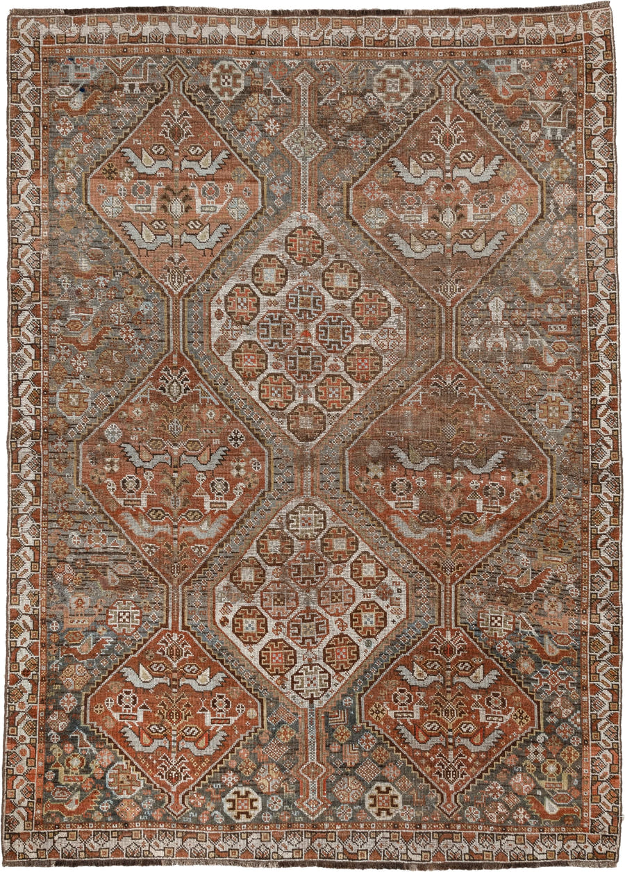 4' x 6' one-of-a-kind handmade antique Qashqai small size rug. Color palette: terracotta, ivory, slate gray, rust, taupe