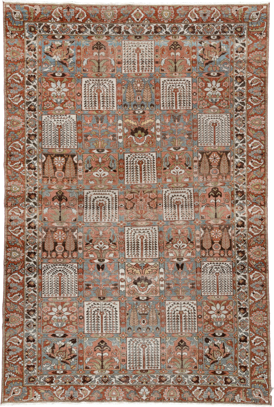 6' x 9' one-of-a-kind handmade antique Baktiary large size rug. Color palette: terracotta, ivory, blue gray, rust, brown