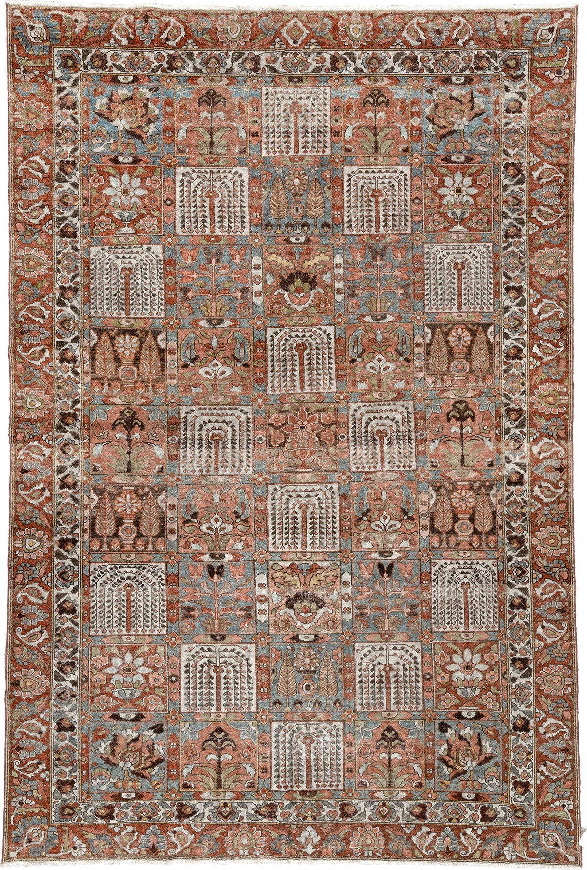 6' x 9' one-of-a-kind handmade antique Baktiary large size rug. Color palette: terracotta, ivory, blue gray, rust, brown