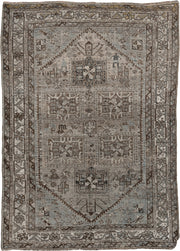 5' x 7' one-of-a-kind handmade antique Shiraz rug. Color palette: ivory, blue gray, taupe, brown, charcoal, sage, ochre