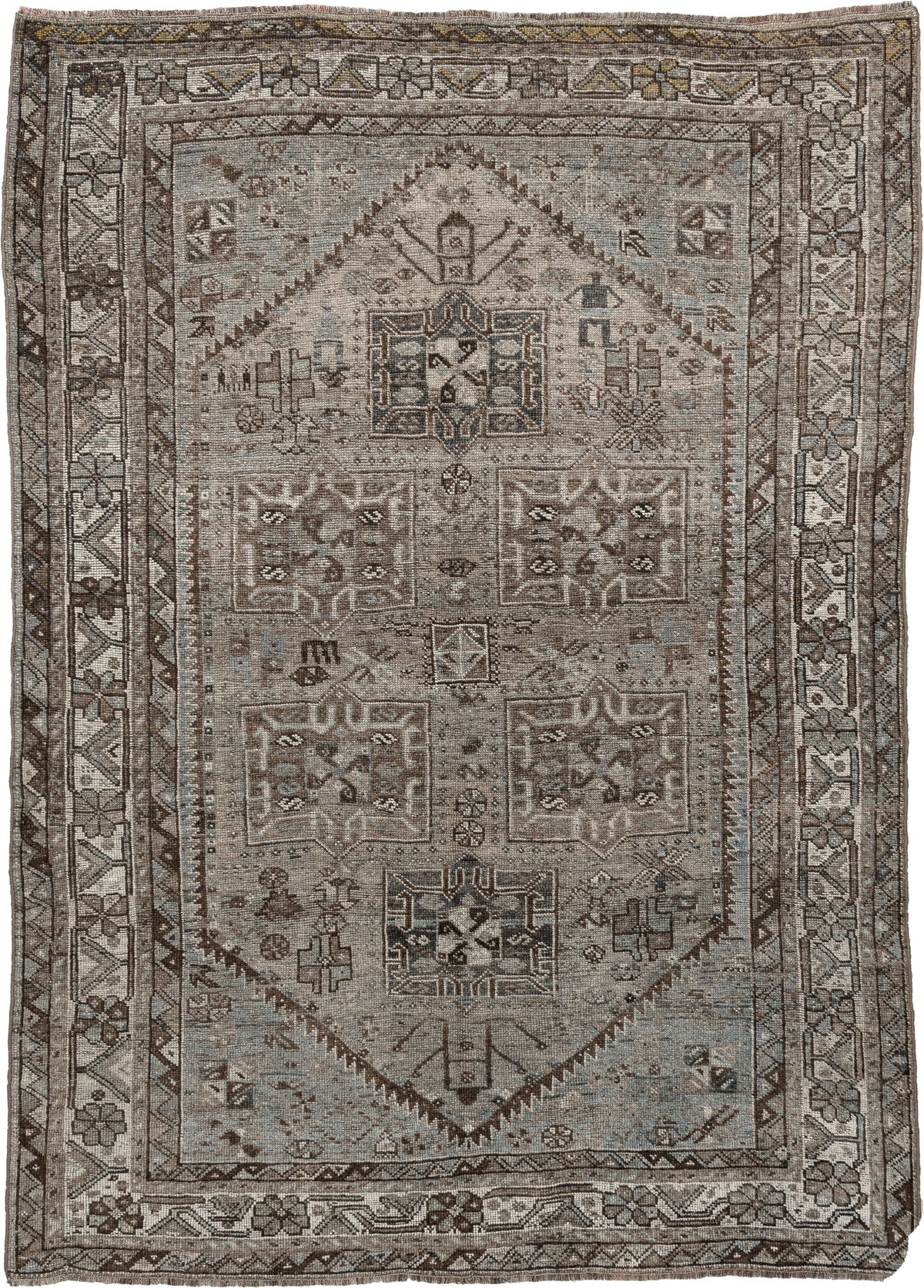 5' x 7' one-of-a-kind handmade antique Shiraz rug. Color palette: ivory, blue gray, taupe, brown, charcoal, sage, ochre