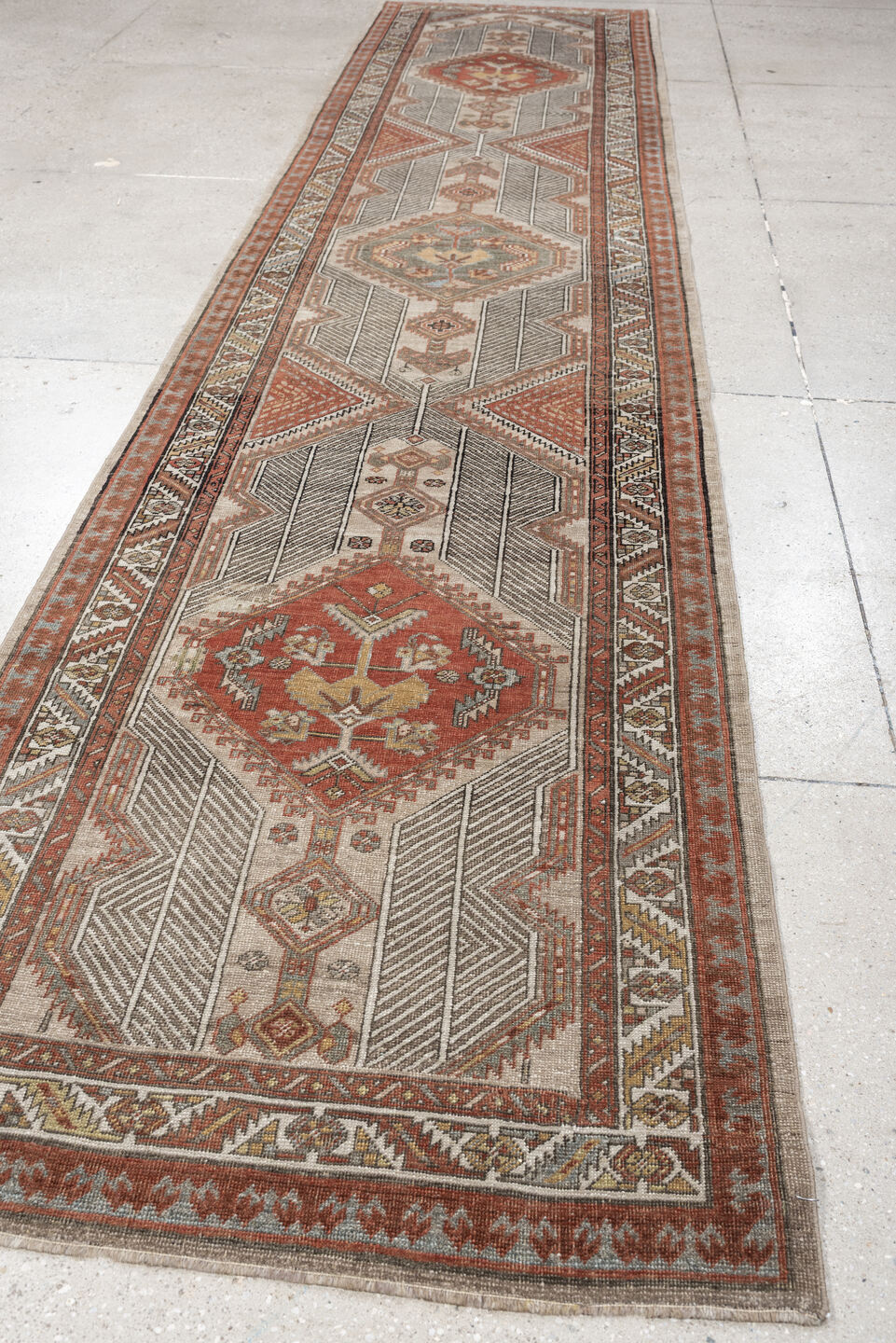 3' x 14' one-of-a-kind handmade antique Saraband runner rug. Color palette: ivory, rust, terracotta, taupe, blue gray