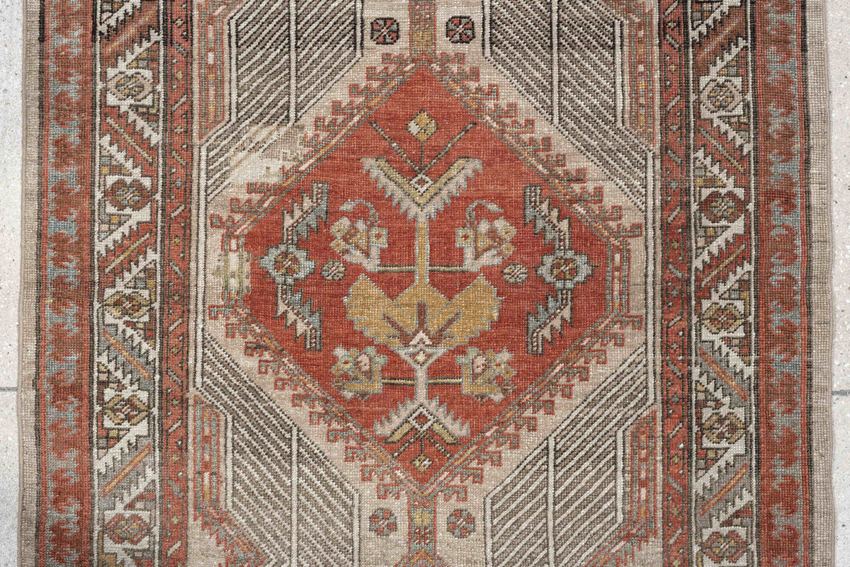 3' x 14' one-of-a-kind handmade antique Saraband runner rug. Color palette: ivory, rust, terracotta, taupe, blue gray