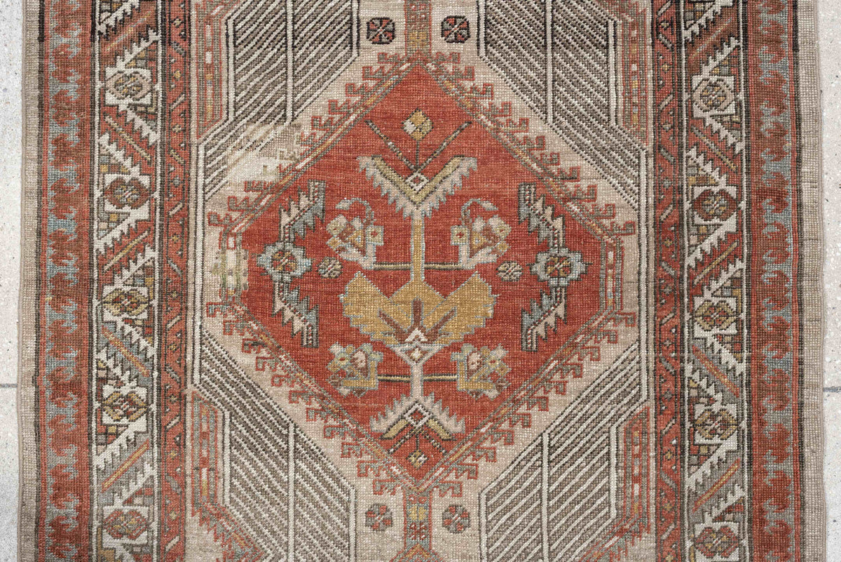 3' x 14' one-of-a-kind handmade antique Saraband runner rug. Color palette: ivory, rust, terracotta, taupe, blue gray
