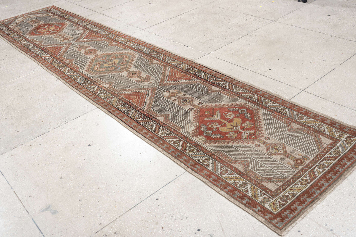 3' x 14' one-of-a-kind handmade antique Saraband runner rug. Color palette: ivory, rust, terracotta, taupe, blue gray