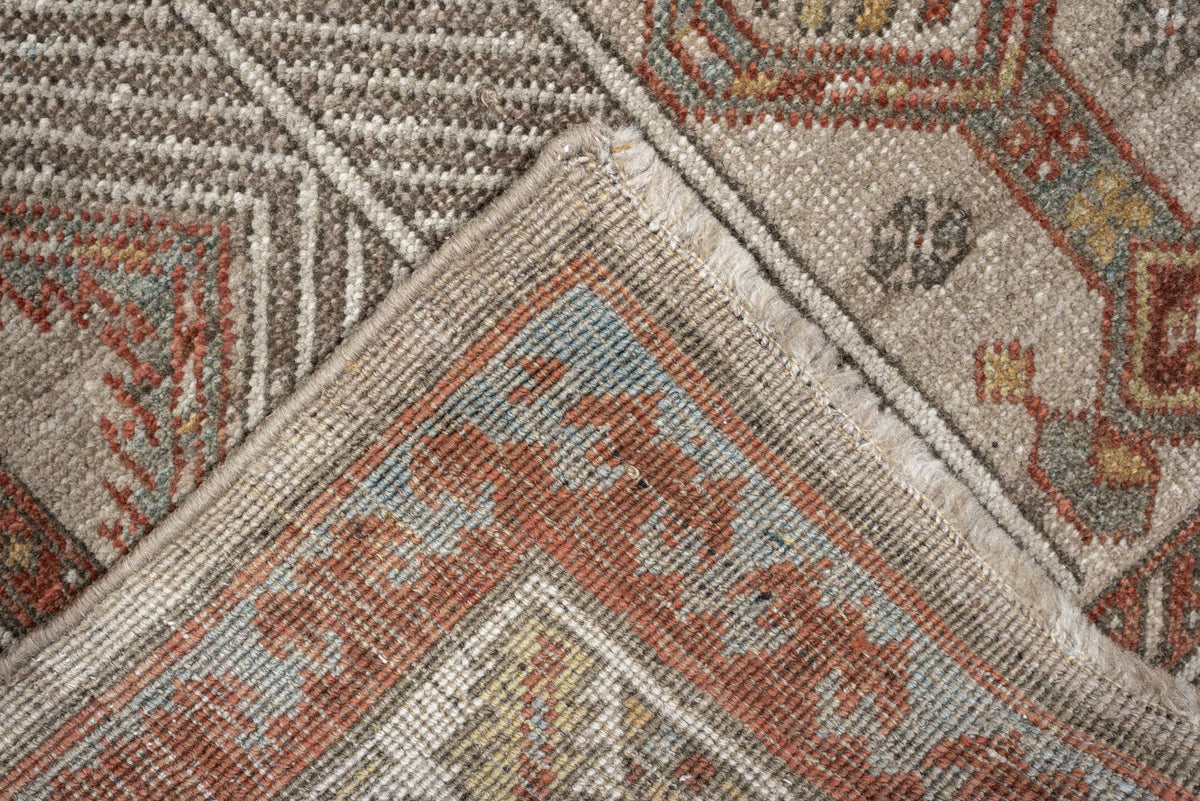 3' x 14' one-of-a-kind handmade antique Saraband runner rug. Color palette: ivory, rust, terracotta, taupe, blue gray